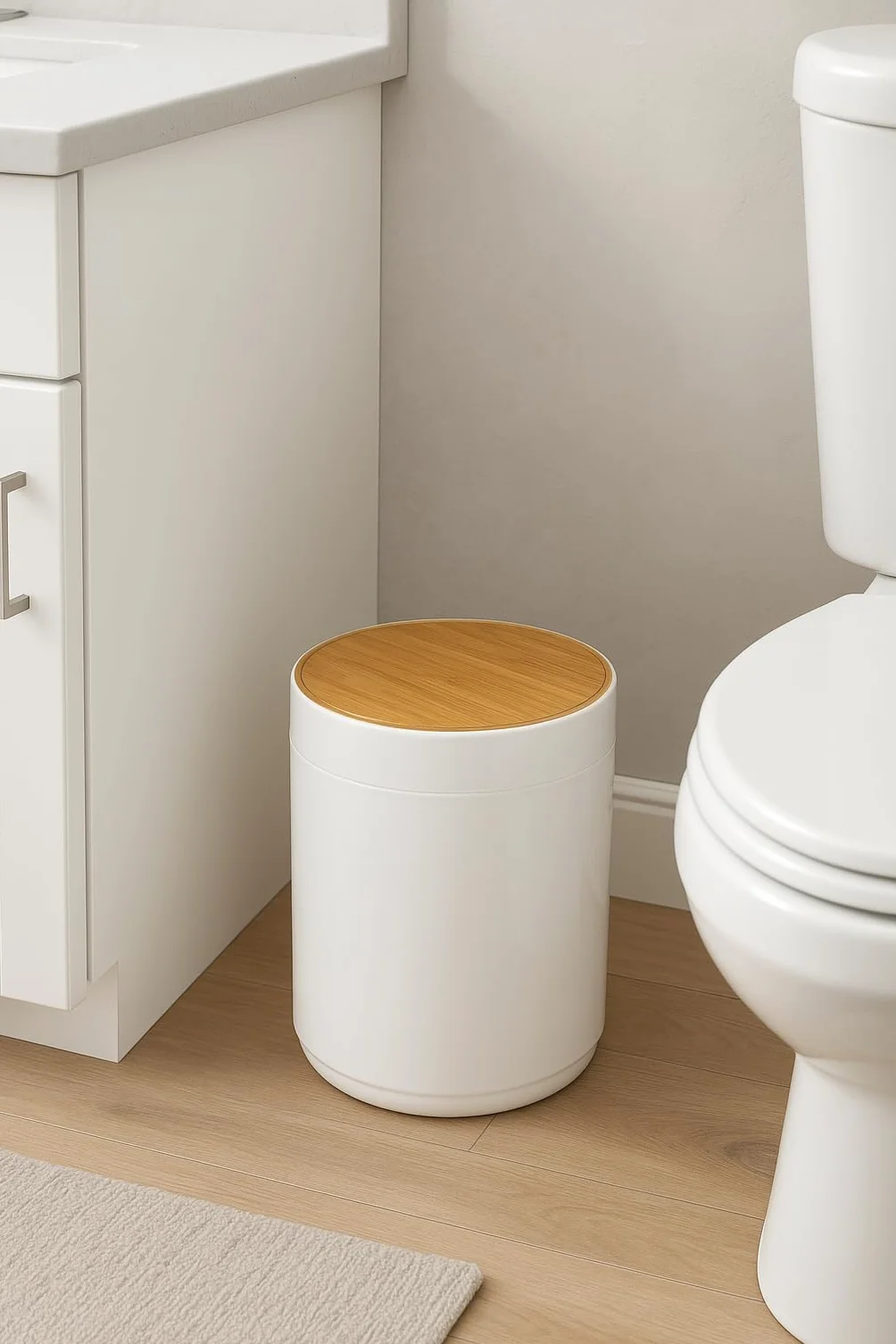 Papelera de Baño 5L Bambú Natural Tapa Basculante Blanca Minimalista