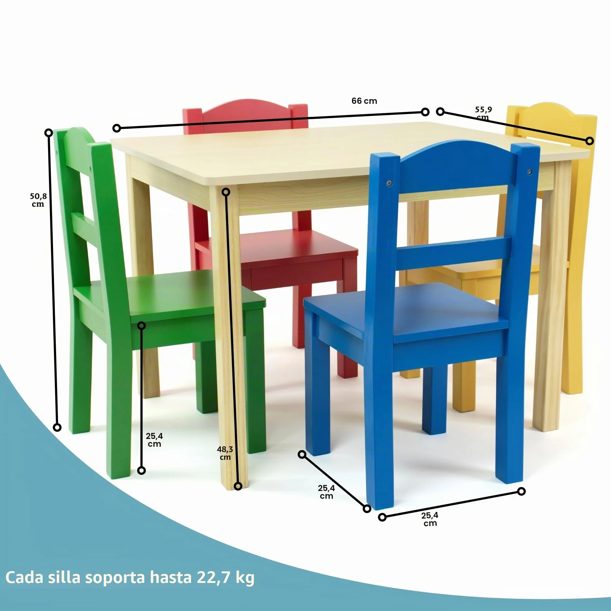Humble Crew Juego Mesa Cuadrada Madera y 4 sillas: Natural/Colores primarios, diseño Alegre, Seguro para niños, fomenta Juego, Montaje fácil
