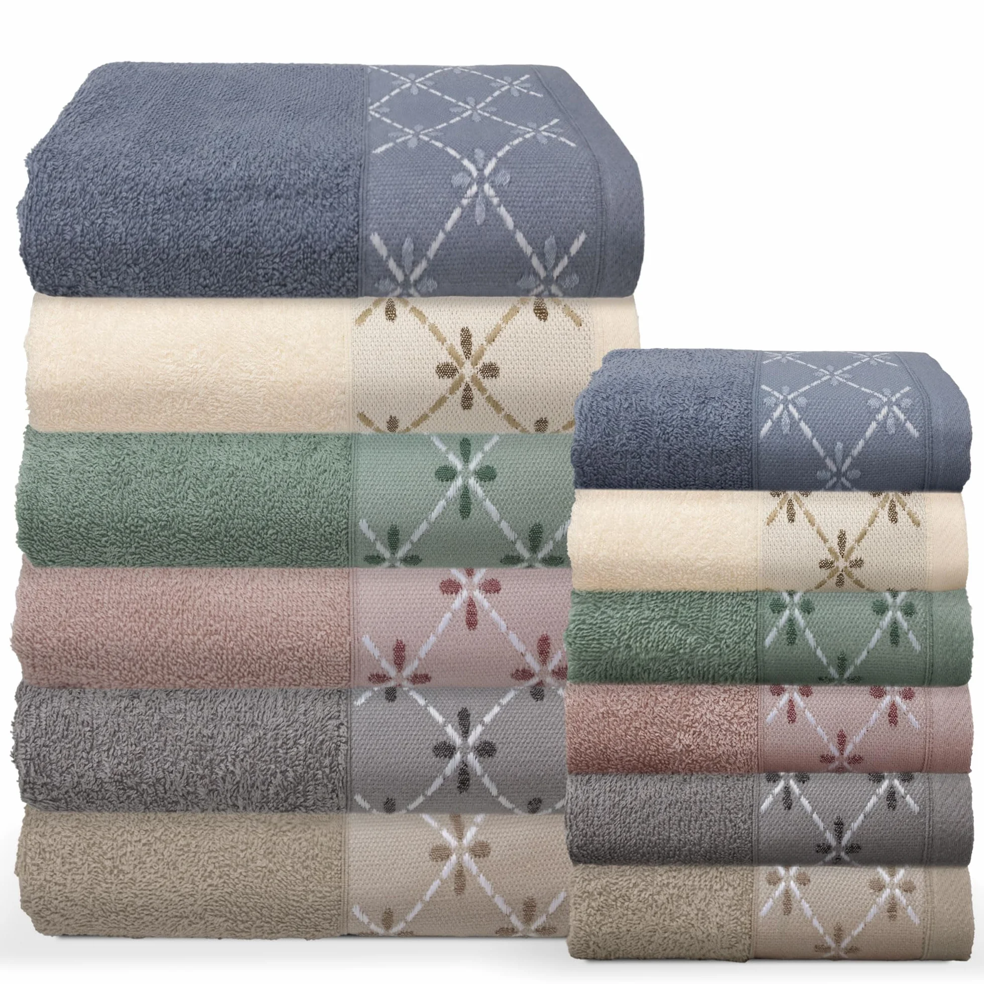 Toallas de baño para cara y bidé de puro algodón, juego de 12 unidades, 6 + 6 bordadas, de suave rizo de 400 g, cara de 55 x 100 cm e invitados 40 x 60 cm