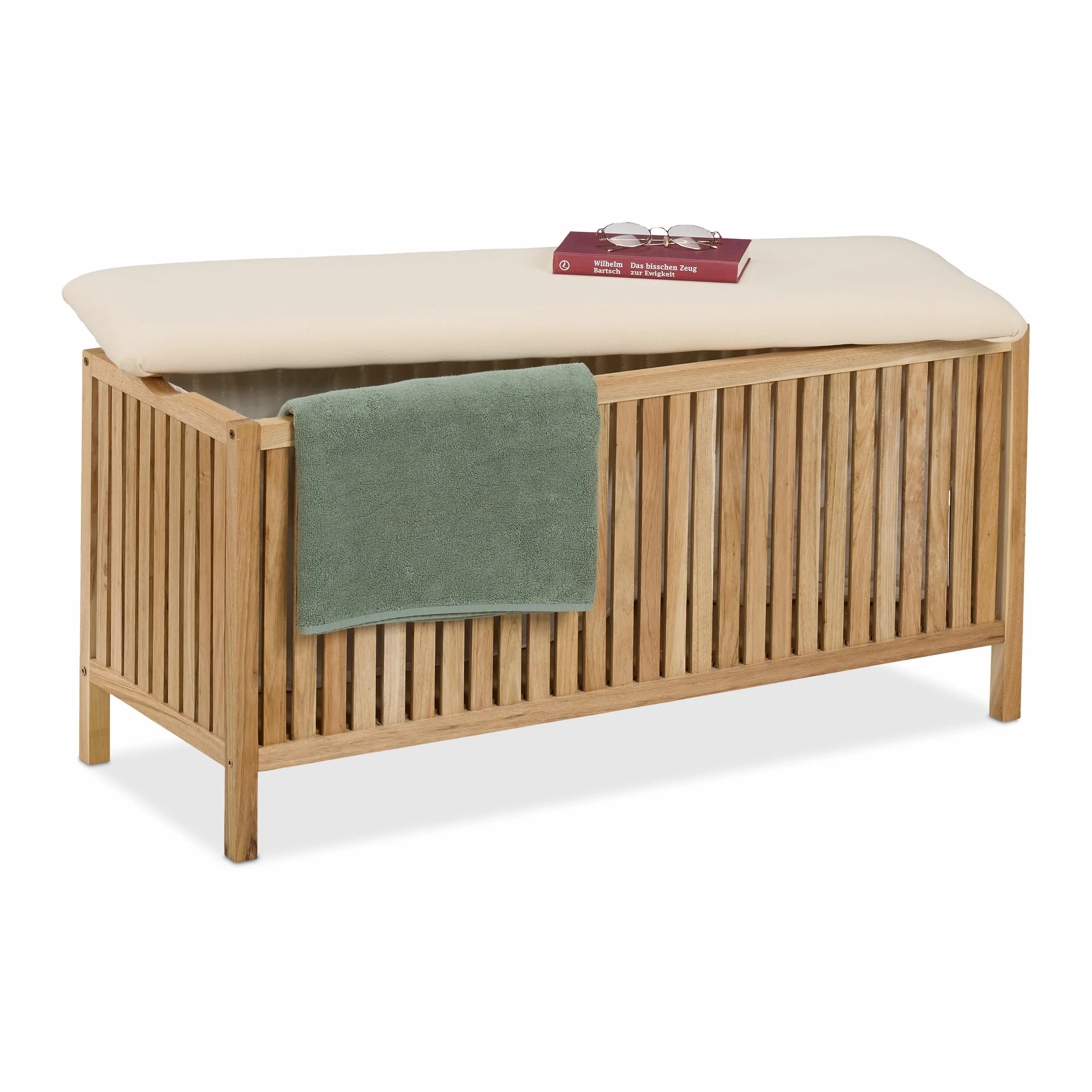Relaxdays Arcón para Ropa Sucia con Asiento, Baúl para Colada, 100 L, 50 x 100 x 38 cm, Madera y Tela, Natural y Blanco, Poliéster, Algodón
