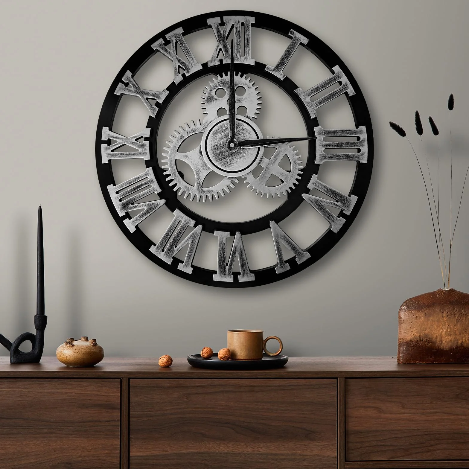 Reloj de Pared de Madera de Cuarzo con Números Romanos con Engranajes Vistos, Silencioso, no Hace tictac, para Sala de Estar, Dormitorio, Oficina, Cocina