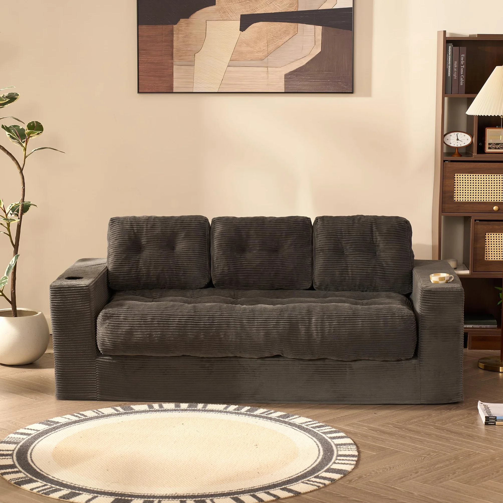 Sofá de 3 plazas de 190 cm para salón, sofá de Suelo de Pana sin Boneless con Cojines, reposabrazos y Soporte Doble para Bebidas, con Respaldo, no Requiere Montaje (Gris)