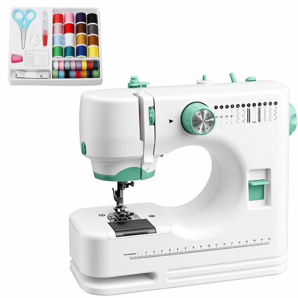 LOMUG Máquina de coser eléctrica, mini máquina de coser portátil para principiantes y uso doméstico, juego de máquina de coser con accesorios de costura, ideal para manualidades, ropa, fundas de