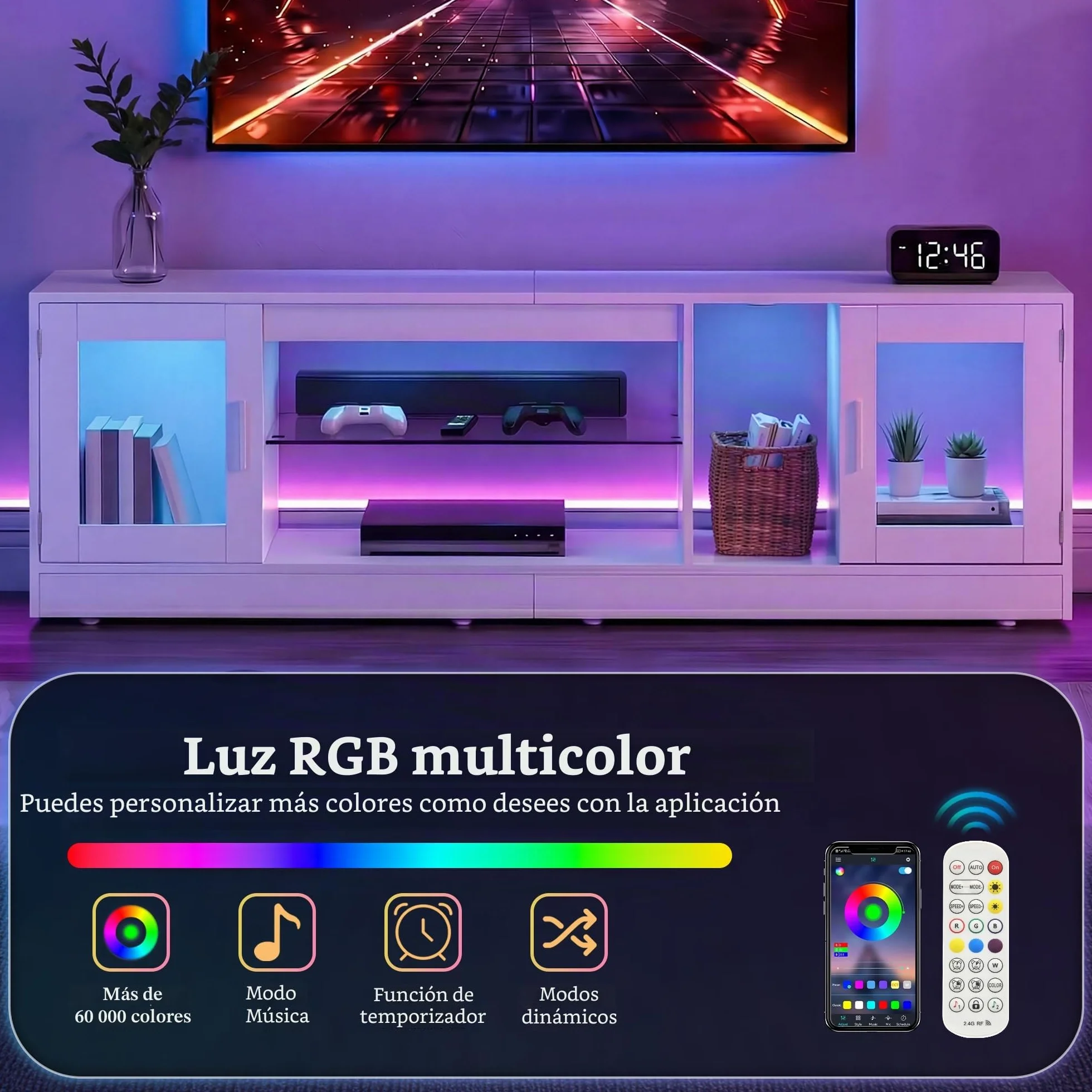 YITAHOME Mueble de TV de 180 cm con 7 LED RGB, mueble bajo para TV con 2 armarios cerrados, 3 estantes abiertos y estante de cristal ajustable, moderno centro de entretenimiento para salón, 180 x 32 x