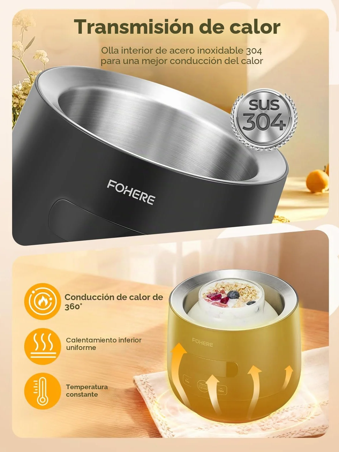 FOHERE Yogurtera con 2 XXL Tarros Capacidad de 2000 ml y 1400 ml, 4 * 125 ml Vasos y Tapa, 8 Programas Preestablecidos, Pantalla LCD, Temporizador, Potencia 20 W, Sin BPA