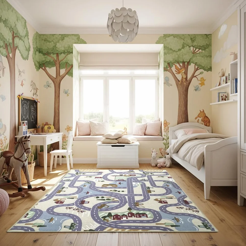 Alfombra Infantil Poble – diseño de Pueblo en Nylon Resistente– Ideal para Jugar con Coches– Segura, Lavable y Llena de Aventuras (200 x 200 cm)