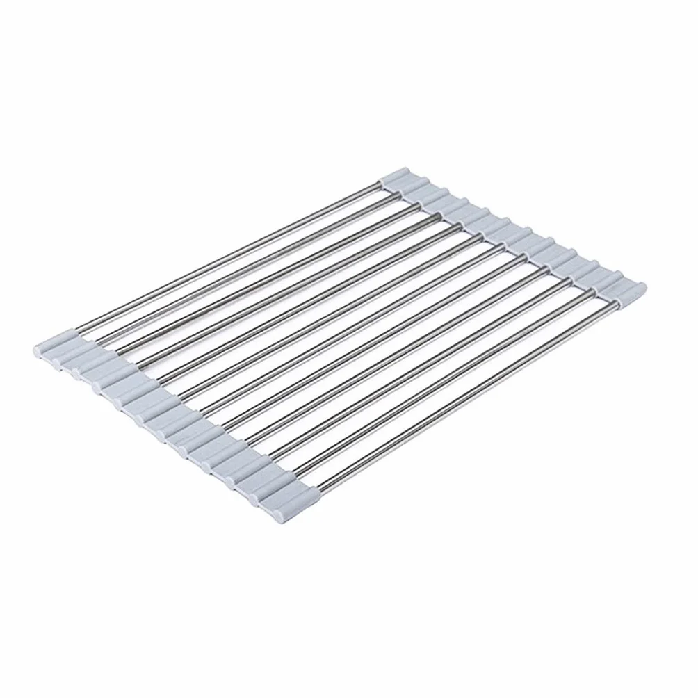 Escurridor de Platos, Rejilla for secar Platos Enrollable, Llantas Plegables de Silicona Acero Inoxidable, Fregadero Cocina Gris Varios tamaños | 22*42cm