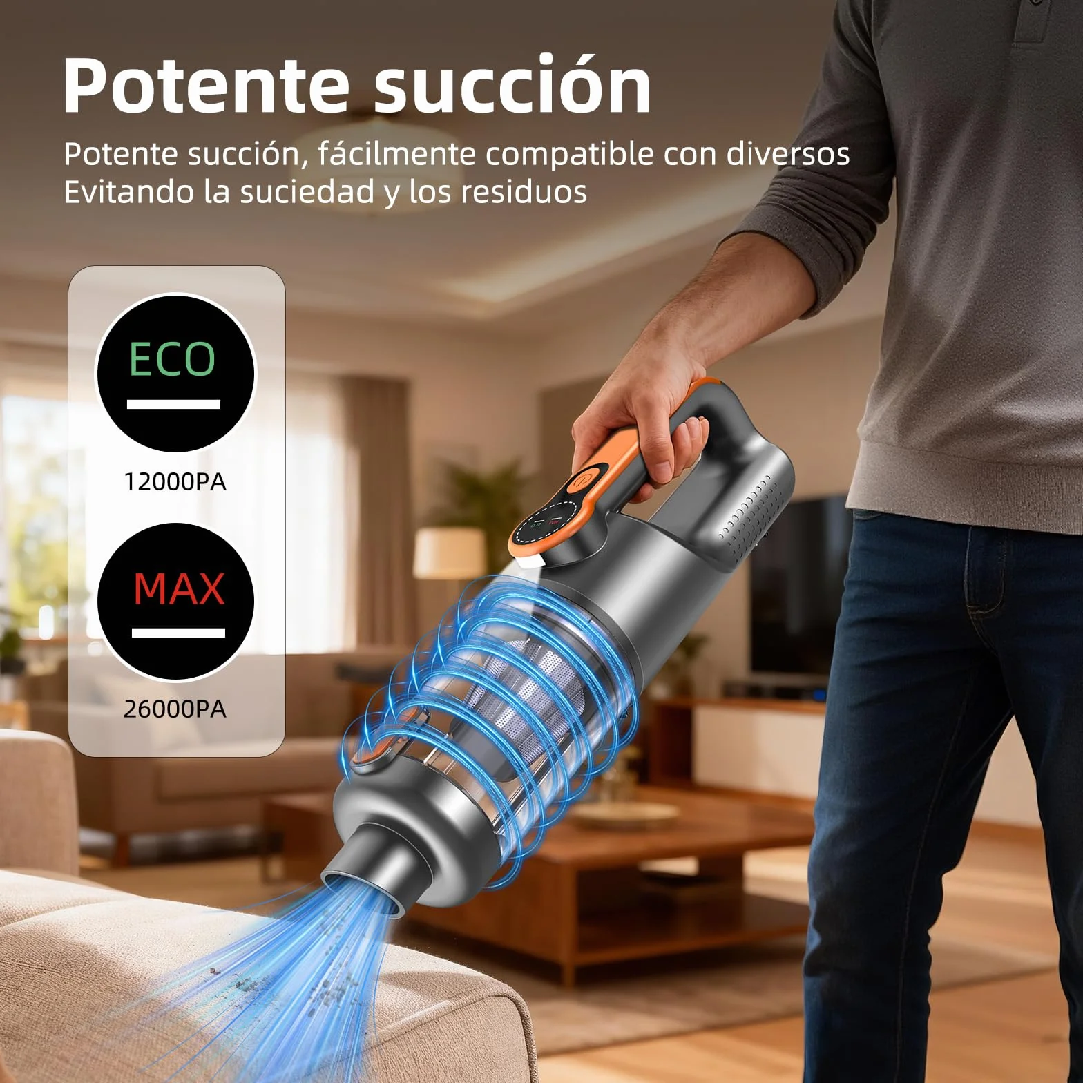 Aspirador de Mano 26000Pa 4-en-1 Sin Cable Motor Sin Escobillas Pantalla HD Iluminación LED Naranja