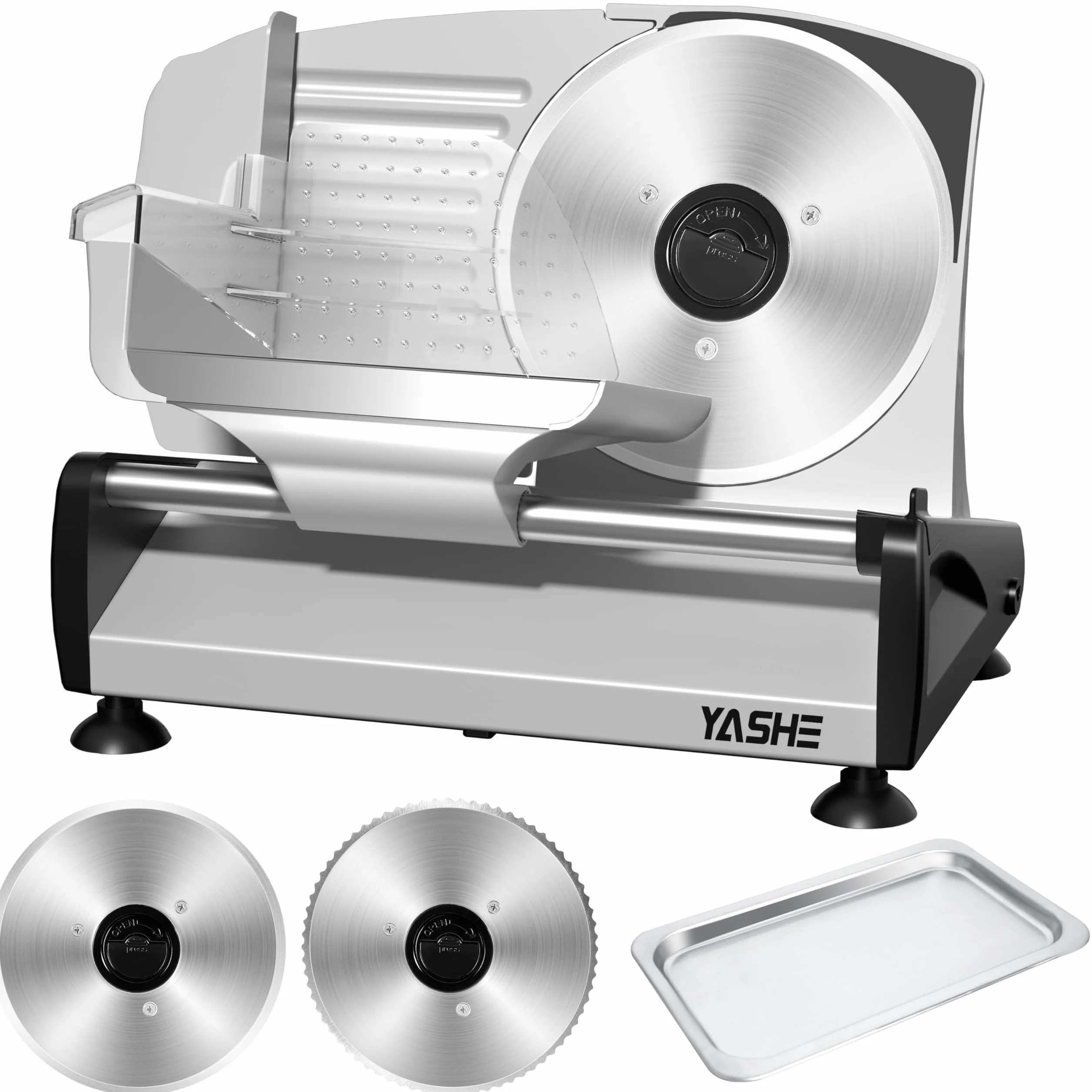 YASHE Cortadora De Fiambre Con Motor DC Silencioso, Cortafiambres Eléctrico Para Jamón 200W, Cuchillas De Acero Inoxidable Duales De 19CM, Grosor Ajustable De 0-15mm Para Carne, Queso, Pan Y Verduras