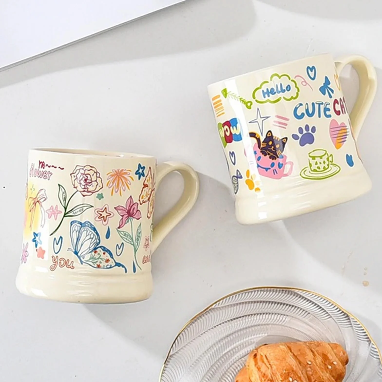 Tazas con Estampado de Flores, 2 uds., 370ml, Taza de café Creativa, Taza for Beber, Desayuno, Leche, Zumo, Grafiti Bonito, Taza de Agua for el hogar para Café y Leche