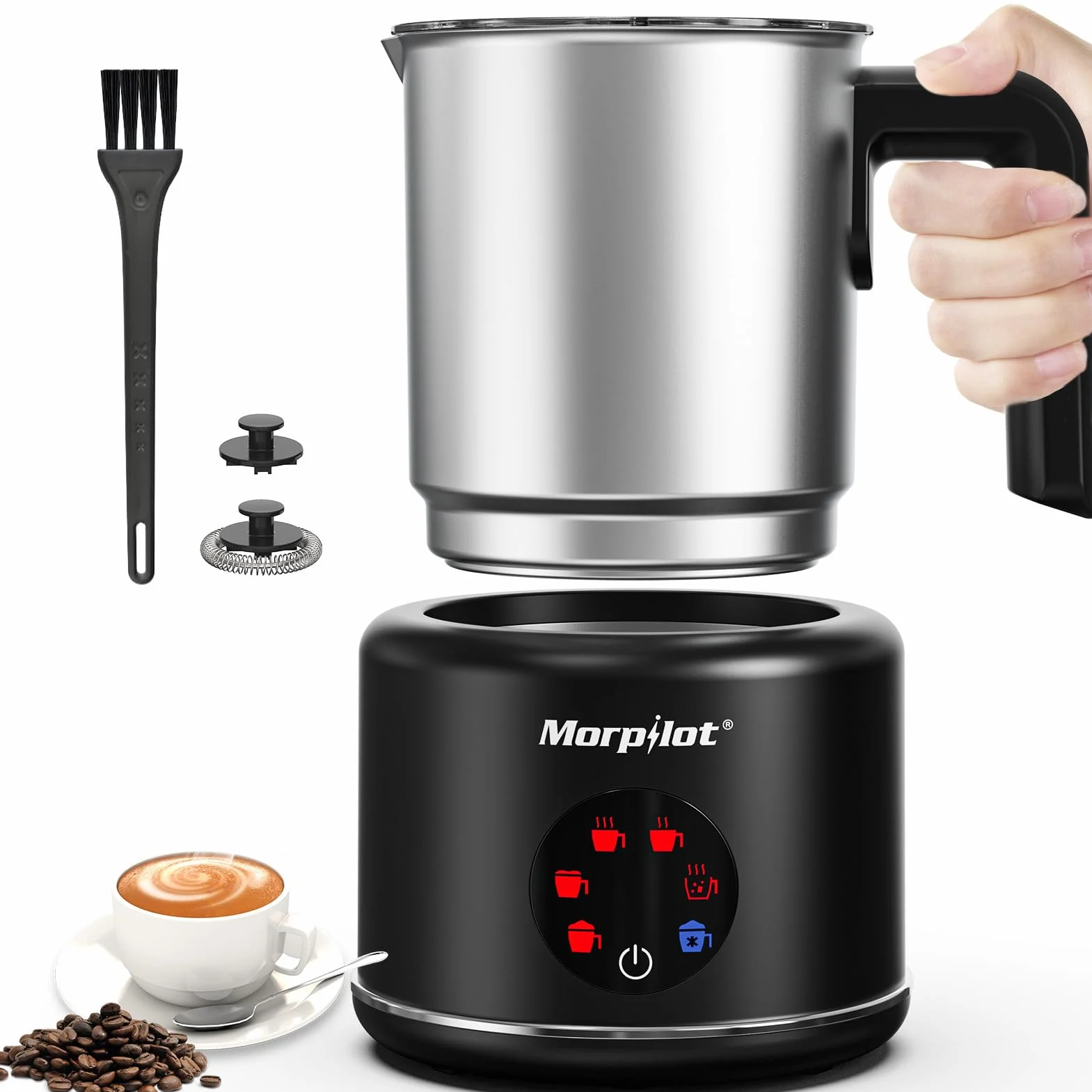 Morpilot Espumador de Leche Eléctrico 500ml, Calentador de Leche 6 en 1, para Espuma Caliente y Fría, Chocolate Caliente, Latte, Capuchino y Macchiato, Apto para Lavajillas, Acero Inoxidable, Negro