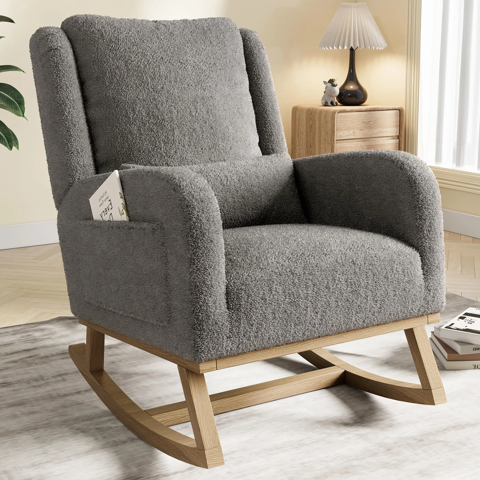 Silla Mecedora, Sillas Mecedoras de Salón, Silla de Lectura con Bolsillos de Almacenamiento en Ambos Lados, Silla Mecedora con Patas de Madera Maciza, 96x94x70cm, Terciopelo Teddy, Gris