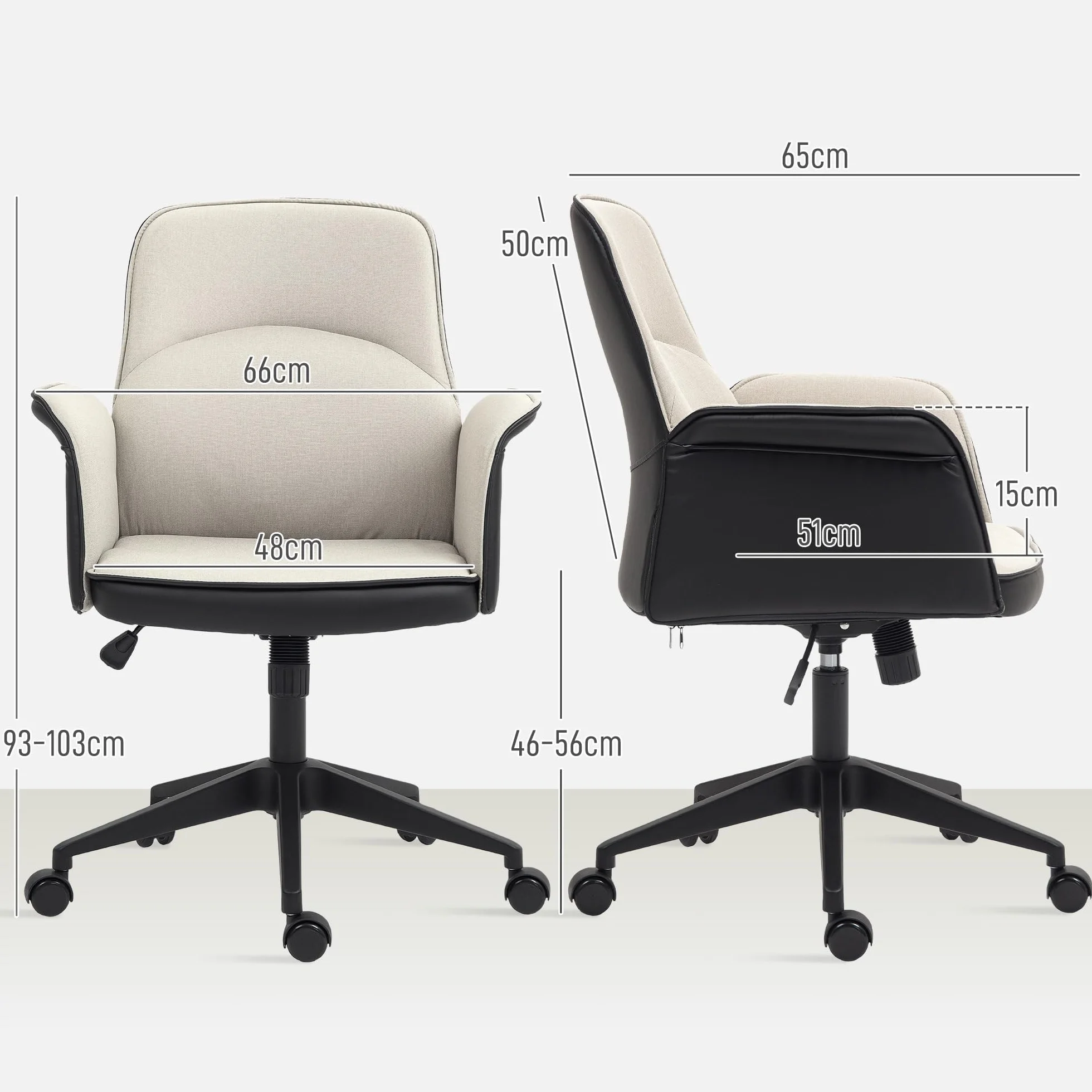 HOMCOM Silla de Oficina Basculante Silla de Escritorio Giratoria Tapizada en PU y Lino Altura Ajustable Reposabrazos Silla de Estudio Carga 120 kg Beige y Negro