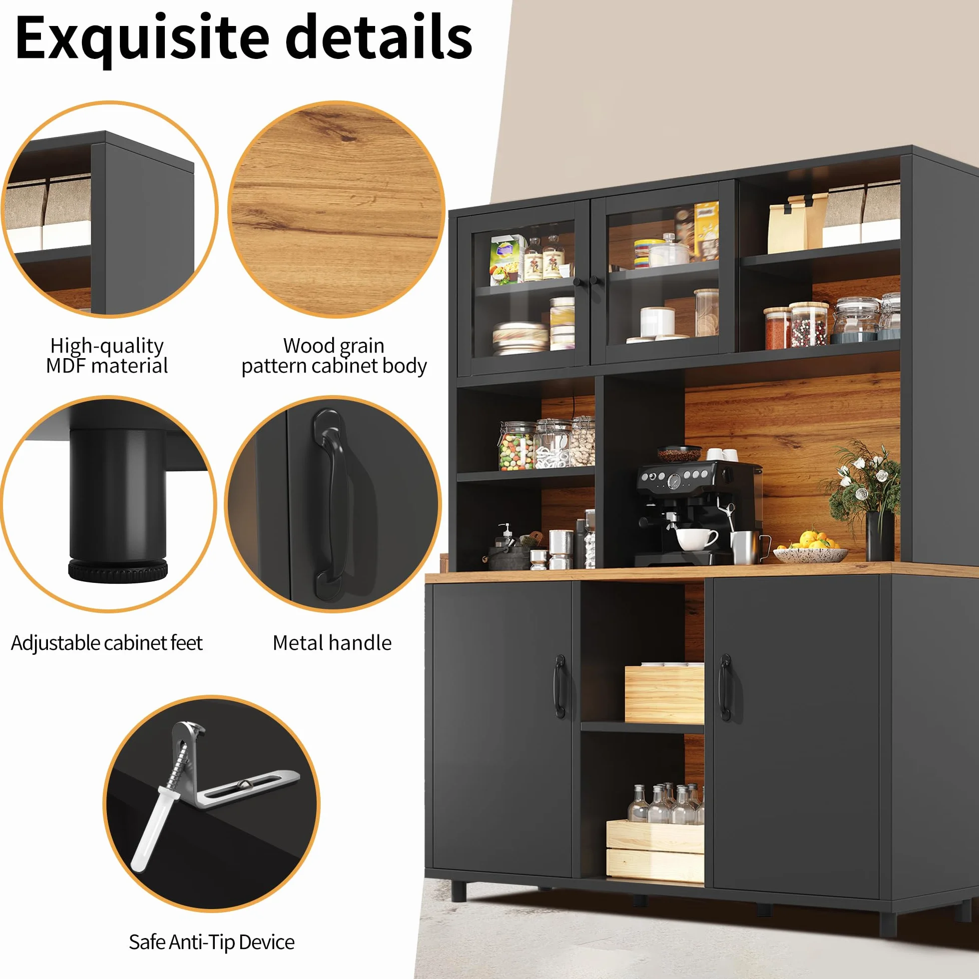 LAKFEW Alacena de Cocina Armario Cocina con Iluminación LED y Puerta Corredera de Cristal, Aparadores Mueble Auxiliar Cocina con Estante Ajustable y Puerta de Almacenaje, 140x40x185 cm, Negro