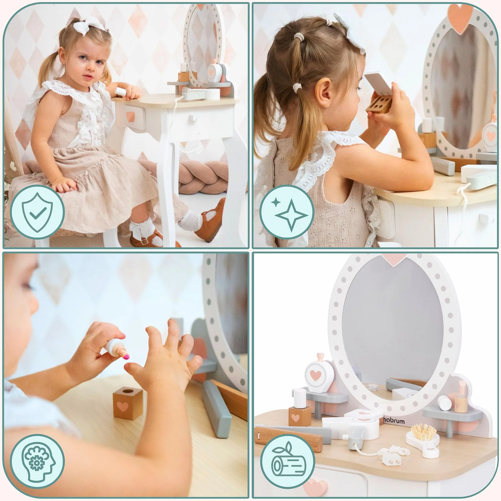 Mamabrum Maquillaje de Madera Dresser para Niñas - Vanidad con Perfume, Esmalte de Uñas, Cepillo y Lazos
