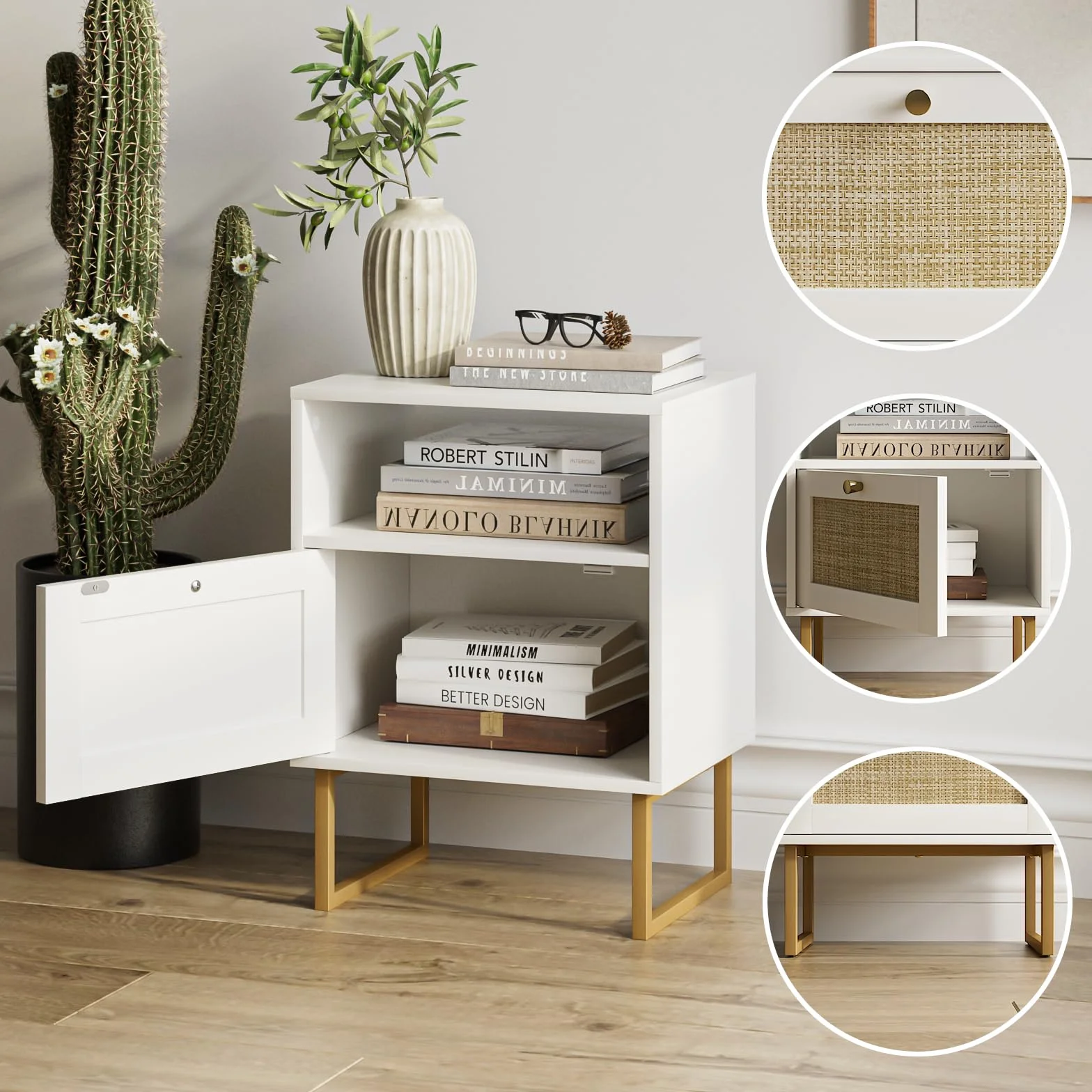 HEYZOEY Mesita de Noche de ratán Moderna de Madera con cajón y Estante Abierto, Mesa Auxiliar con Marco Dorado para Dormitorio, Sala de Estar, Oficina (Blanco)