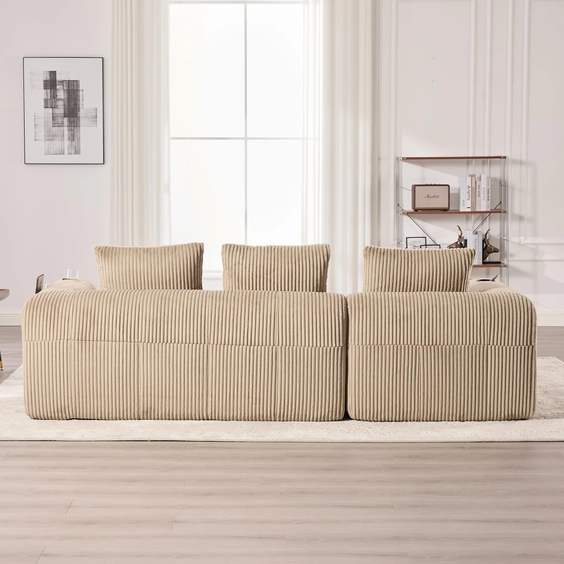 Soweiz Sofá compacto de pana – Sofá modular suave con bolsillo lateral y soporte para bebidas, comodidad para sentarse durante mucho tiempo, incluye 3 almohadas. Para salón, estudio y más (caqui)