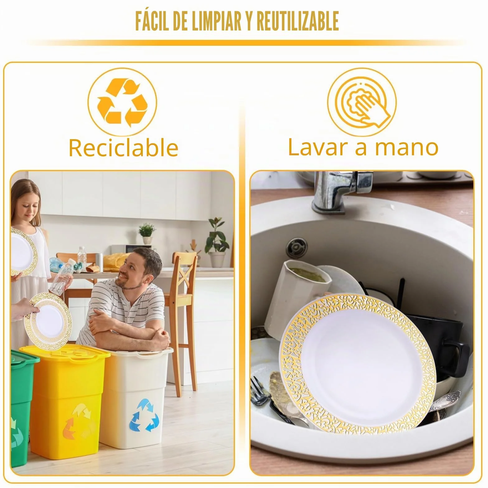 AKOLAFE 50 Piezas Platos Plástico Dorado, Platos Reutilizables con Borde Dorado 19 cm y 26 cm para Bodas Fiestas Cumpleanos Cena Postre Mesa Evento Decoración
