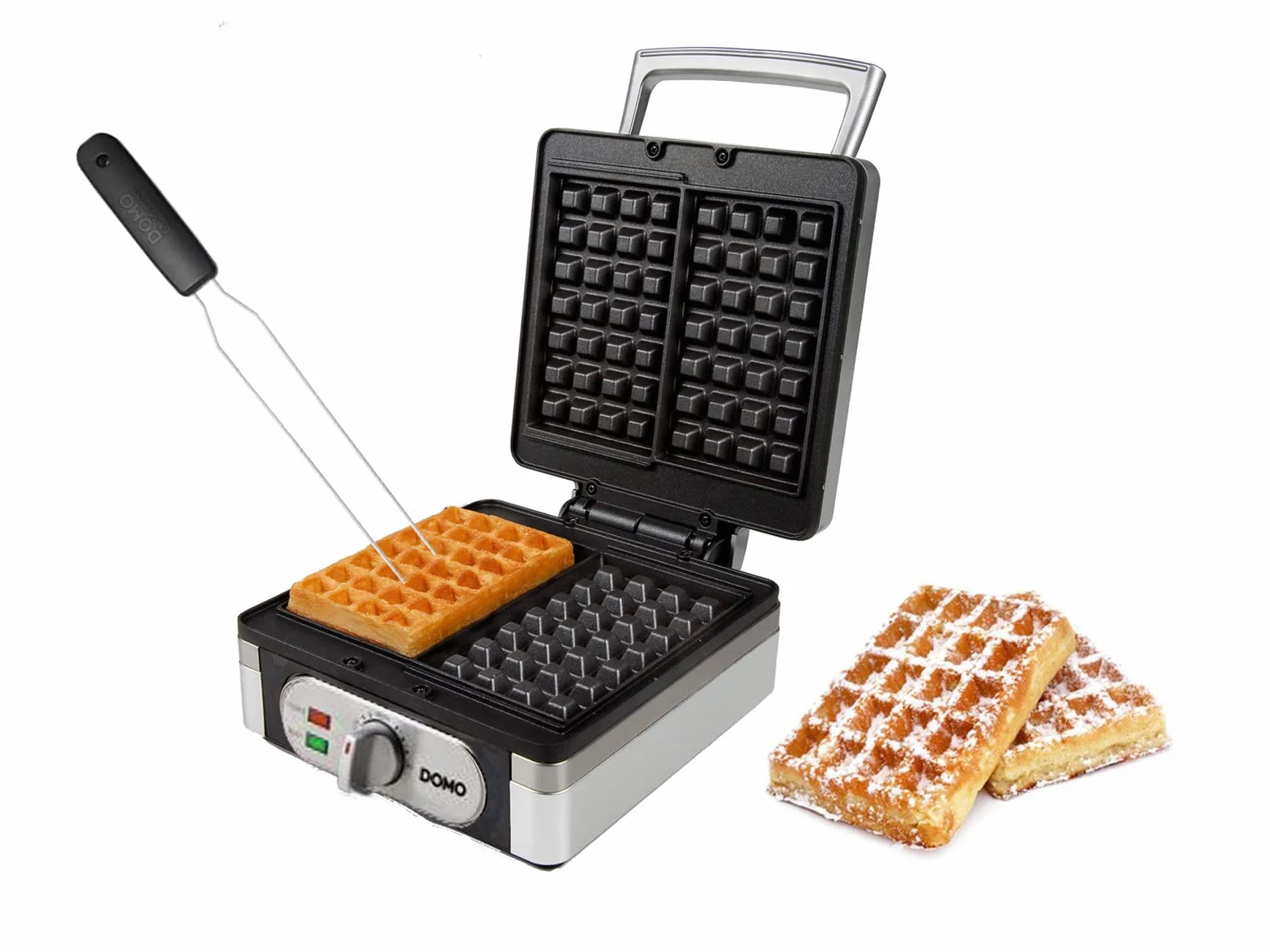 Gofrera 2 en 1 para gofres extragruesos (2,6 cm) y crujientes belgas en rectangulares – además de una práctica tenedor para gofres