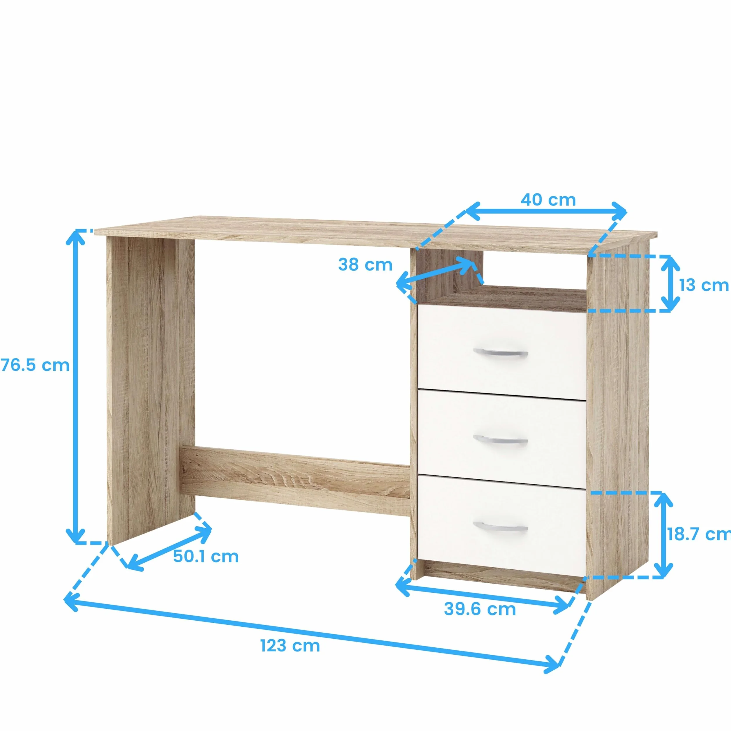 Mesa Escritorio Reversible 3 Cajones Roble y Blanco 123 cm