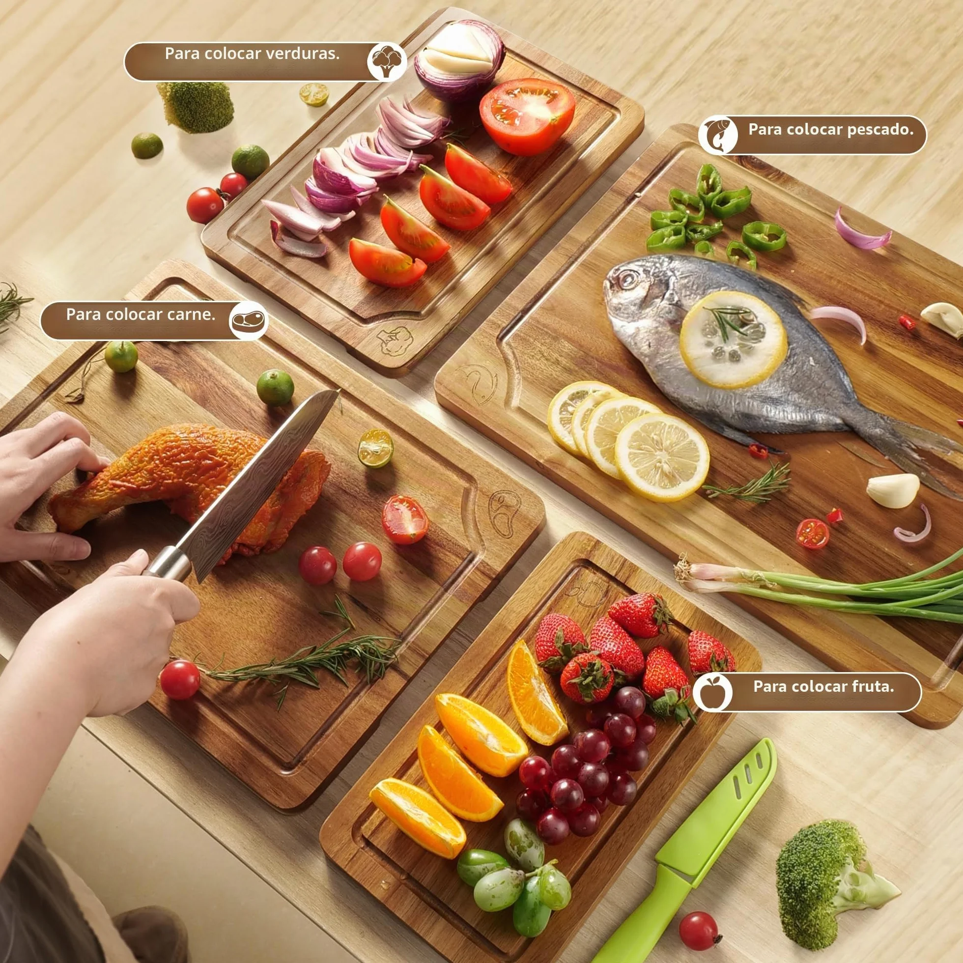 Juego de 4 Tablas de Cortar Acacia Madera Maciza con Canal Antiderrames para Cocina