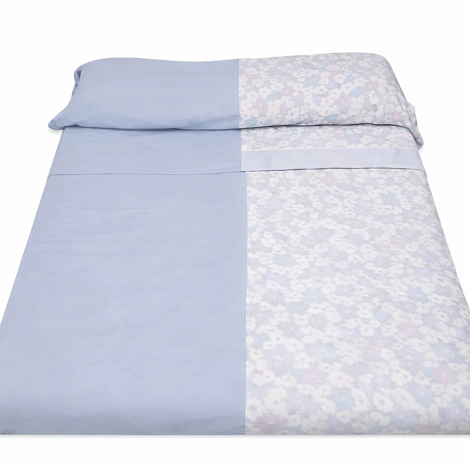 Juego de Sábanas Dual, Azul y Estampado, Mitad Coralina Mitad Algodón Percal 180 Hilos Tamaño 135