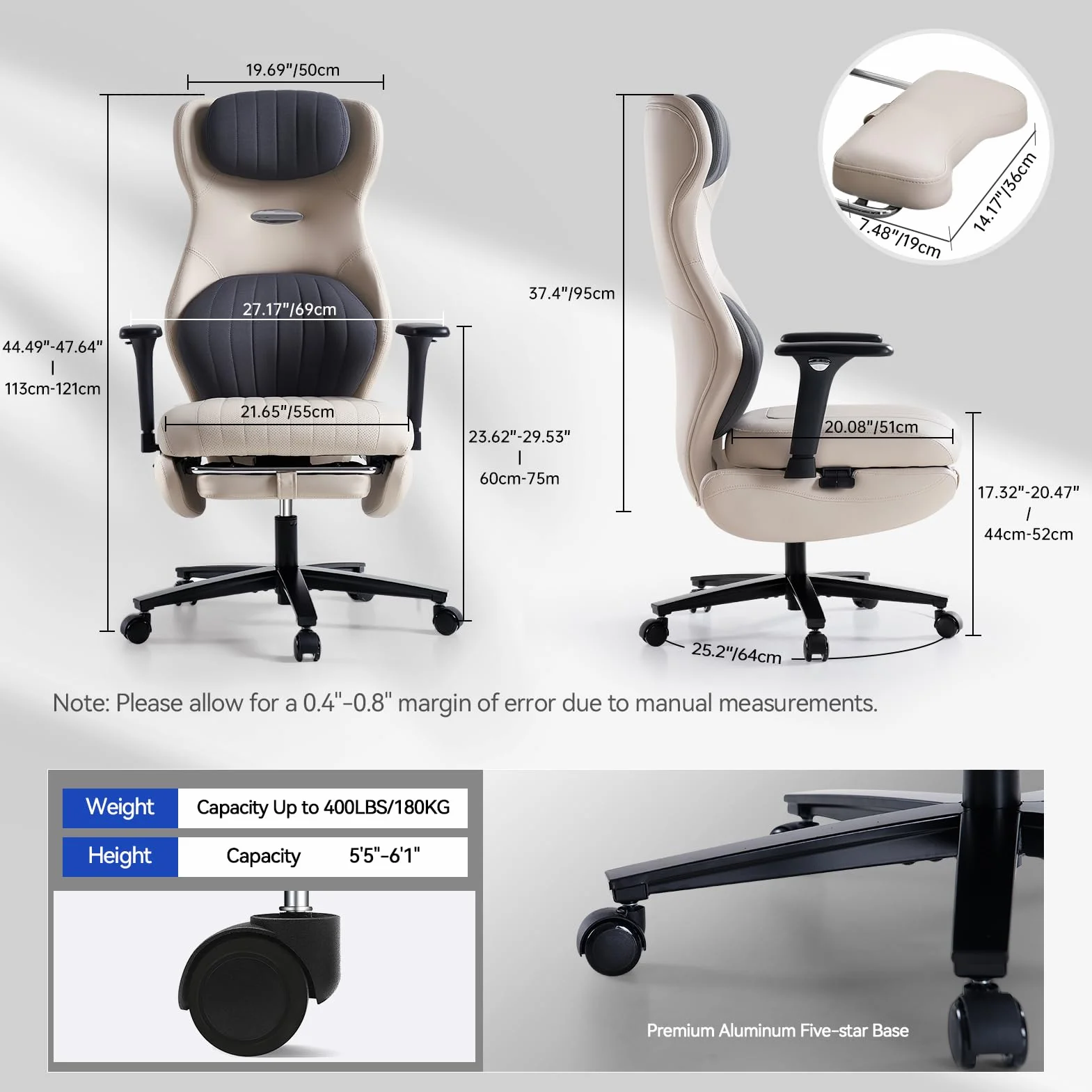 EMIAH Silla Oficina Ergonómica, Silla de Escritorio Reclinable con Reposapiés, Reposabrazos Ajustables, Silla Game de Respaldo Alto, Silla de Ordenador Ejecutiva con Soporte Lumbar, Cuero PU (Blanco)