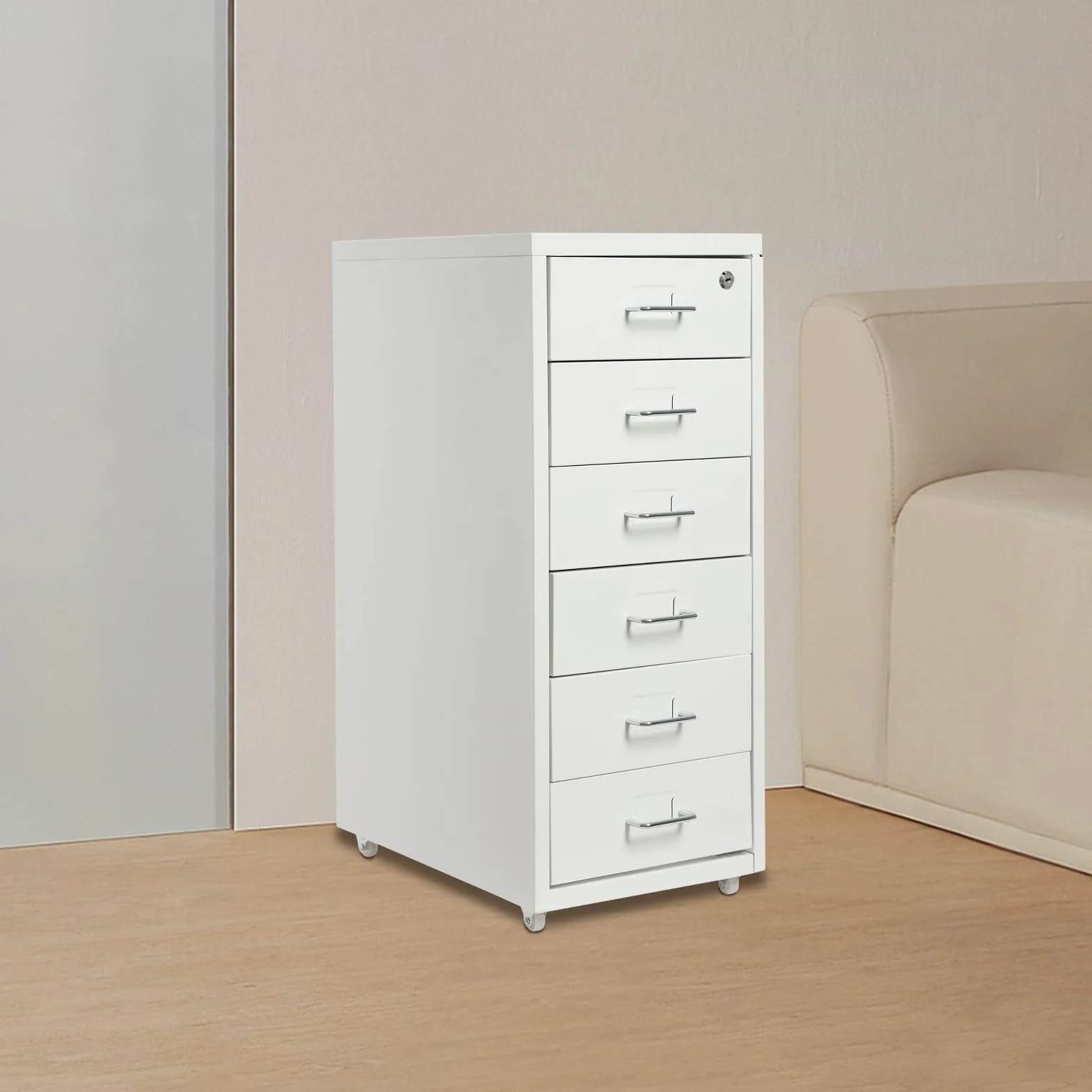 Archivador vertical con 6 cajones, armario con ruedas, armario de metal con diseño anticaídas, fácil de mover para la oficina en casa, almacenamiento organizado, ahorra espacio