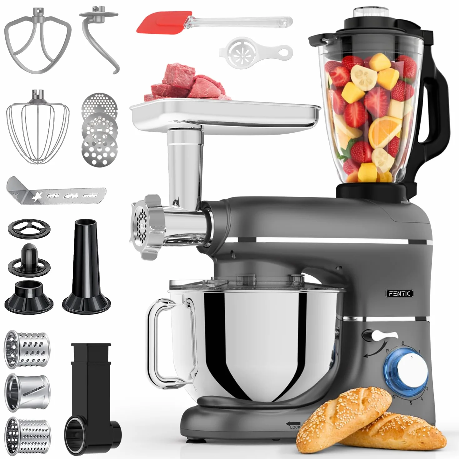 6 en 1 Robot de Cocina – 2000W – Con Picadora de Carne, 1,5L Batidora de Vaso, Cortador, Accesorios – Batidora Amasadora con Bol 6.2L, Batidor, Gancho Amasador, Gancho para Mezclar (Anthracite)