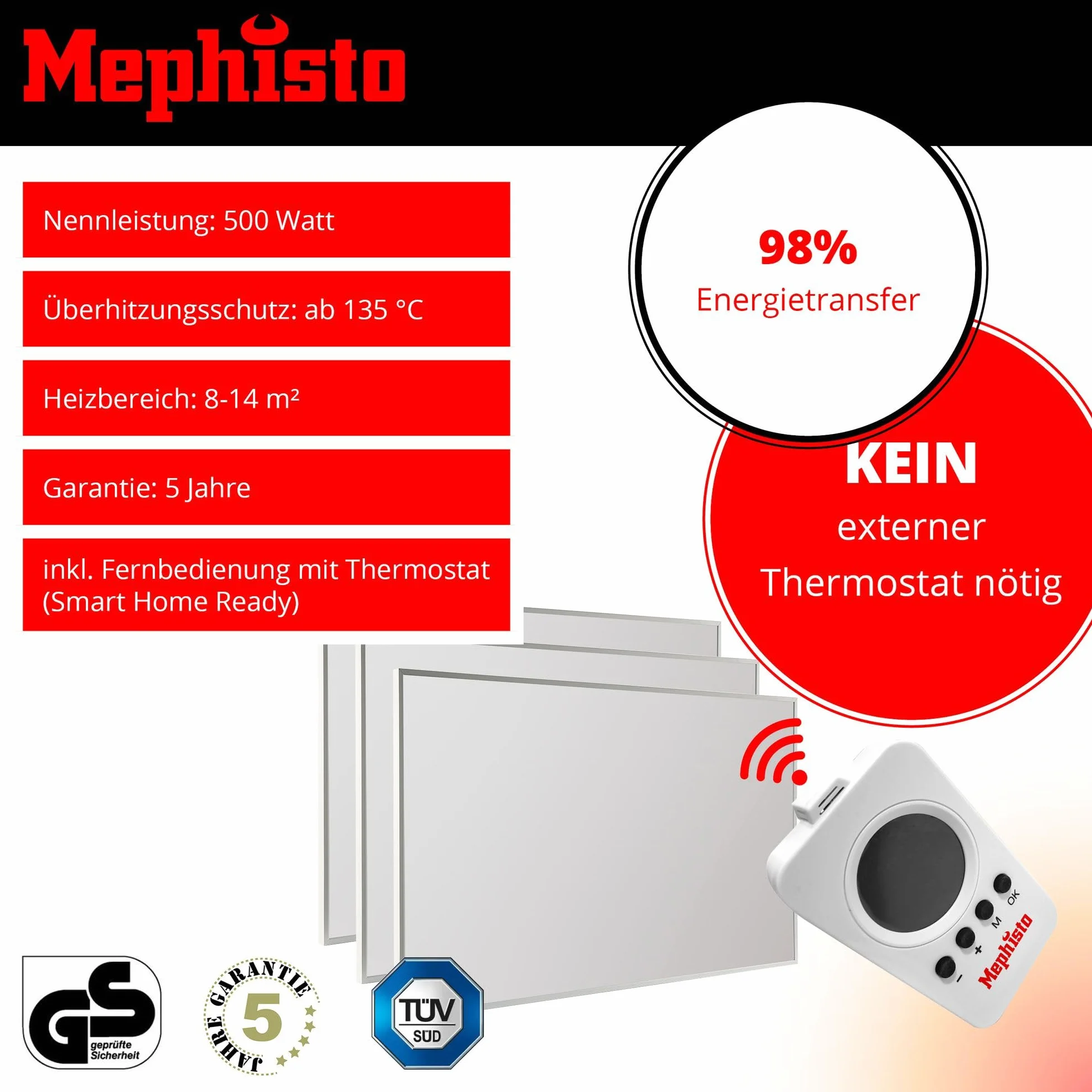 Mephisto Calefacción por infrarrojos, calefacción de pared y techo, ahorro de energía, calefacción eléctrica, incluye control remoto y termostato, control de aplicaciones Wi-Fi 300-1200 W, potencia en