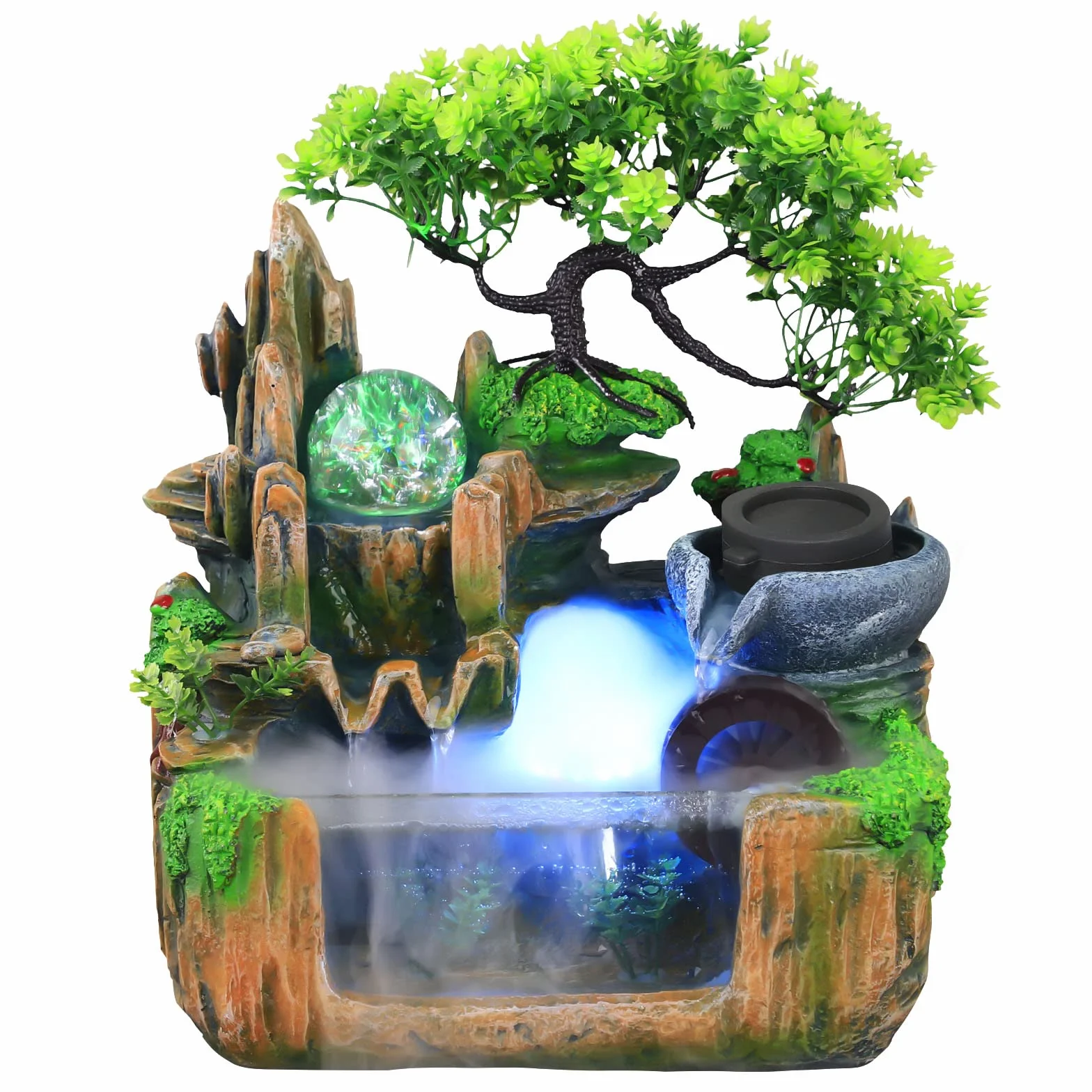 Fuente de mesa de cascada, 220 V, resina con luz LED, pequeña fuente de agua rocosa para interior con lámpara LED, efecto atomizador, 25 x 15 x 27 cm