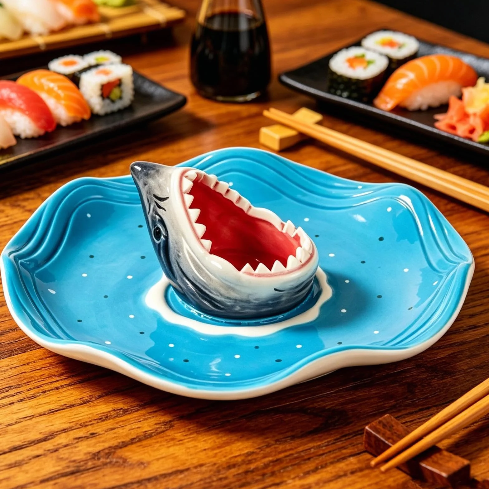 Fuente de Tiburón para Servir Plato de Cerámica Pintado a Mano para | Plato de Condimentos Temático del Océano para charcutería tacos cheeseburger mariscos camarón sardina snack palomitas