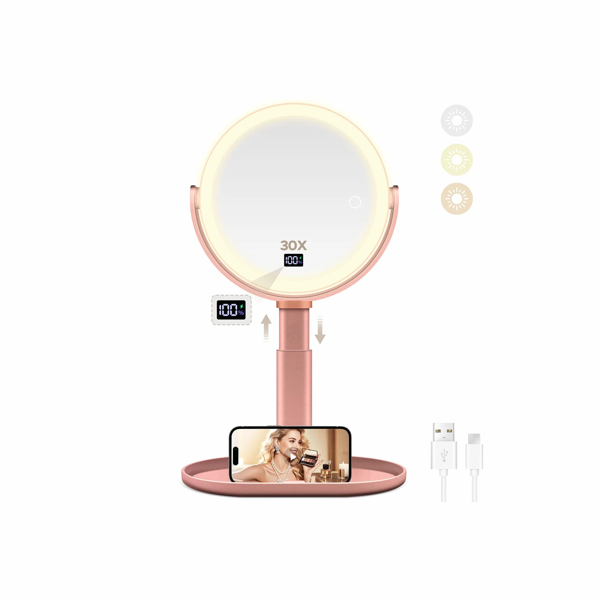 MIYADIVA Espejo de maquillaje con luces, espejo de aumento 30X/1X con pantalla digital, espejos de mesa de altura ajustable, desmontable para viajes, espejos de tocador con soportes para teléfono, oro