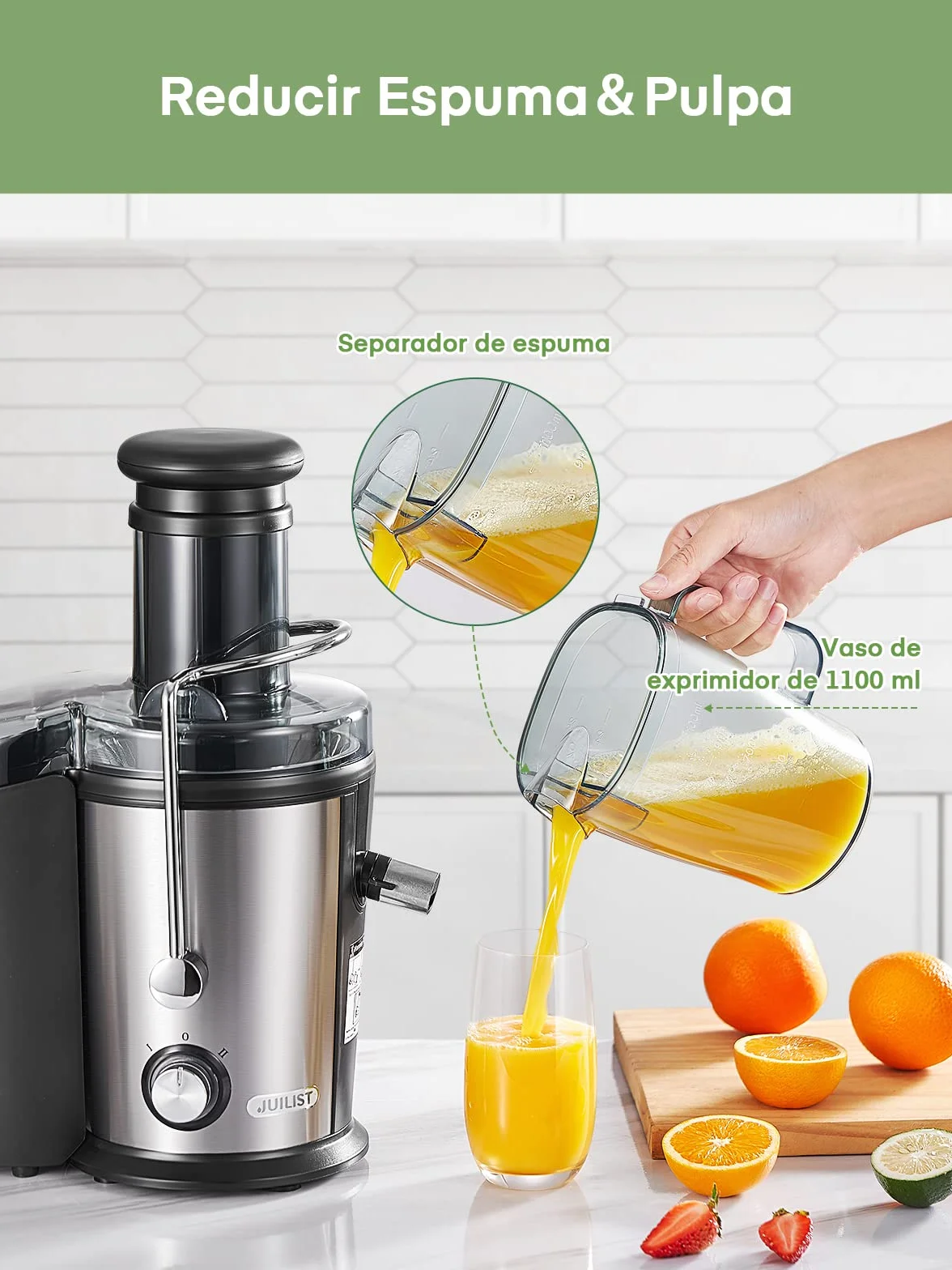 Licuadora para Verduras y Frutas 800W de Acero Inoxidable, Extractor de Zumos con Boca Ancha 75mm y 2 Velocidades