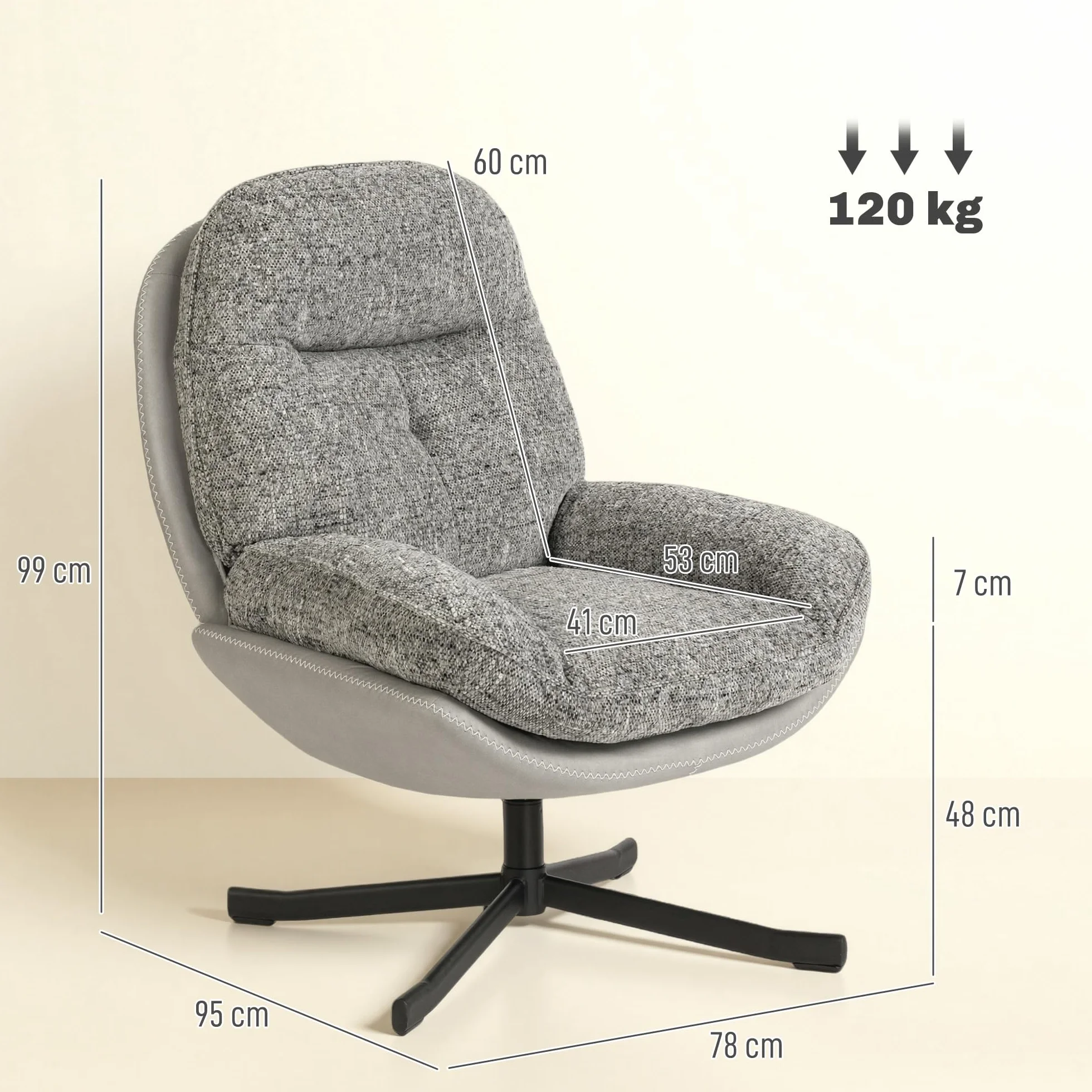 HOMCOM Sillón Giratorio Moderno, Butaca de Salón con Base Cruz, Tapizado en Chenilla y Cuero PU, Asiento Ancho Doble, Patas de Acero y Reposabrazos, Sillón Relax para Sala de Estar, Dormitorio, Gris