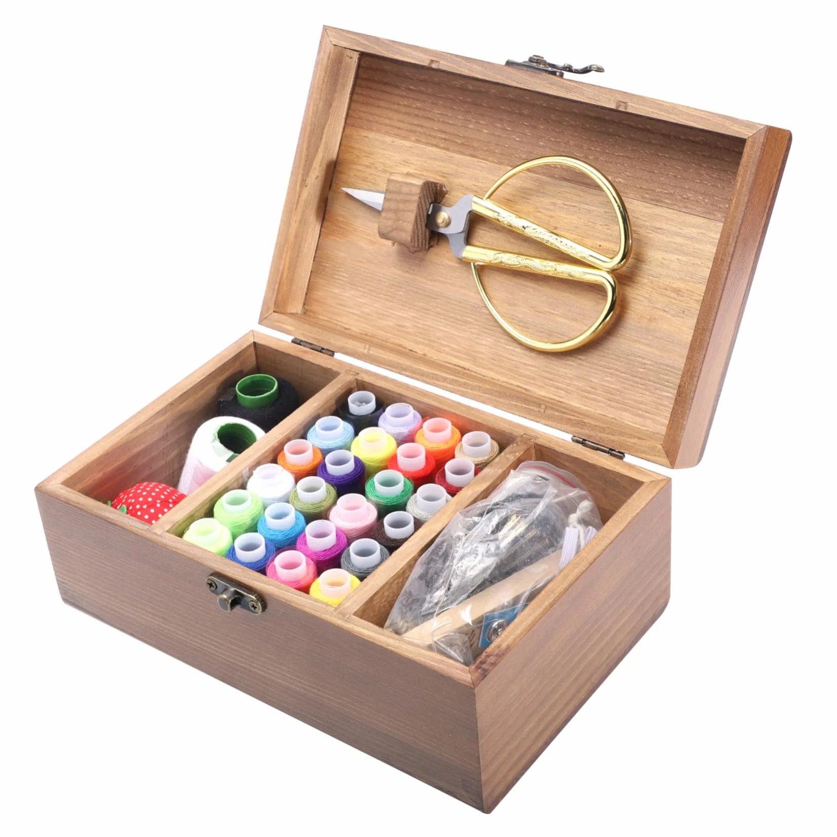 WOONEKY Caja de Costura de Madera Sólida Agujas E Hilos para Manualidades Kit de Costura Completo para Principiantes y Profesionales Color Natural Uso en Hogar y Viaje Adecuado DIY