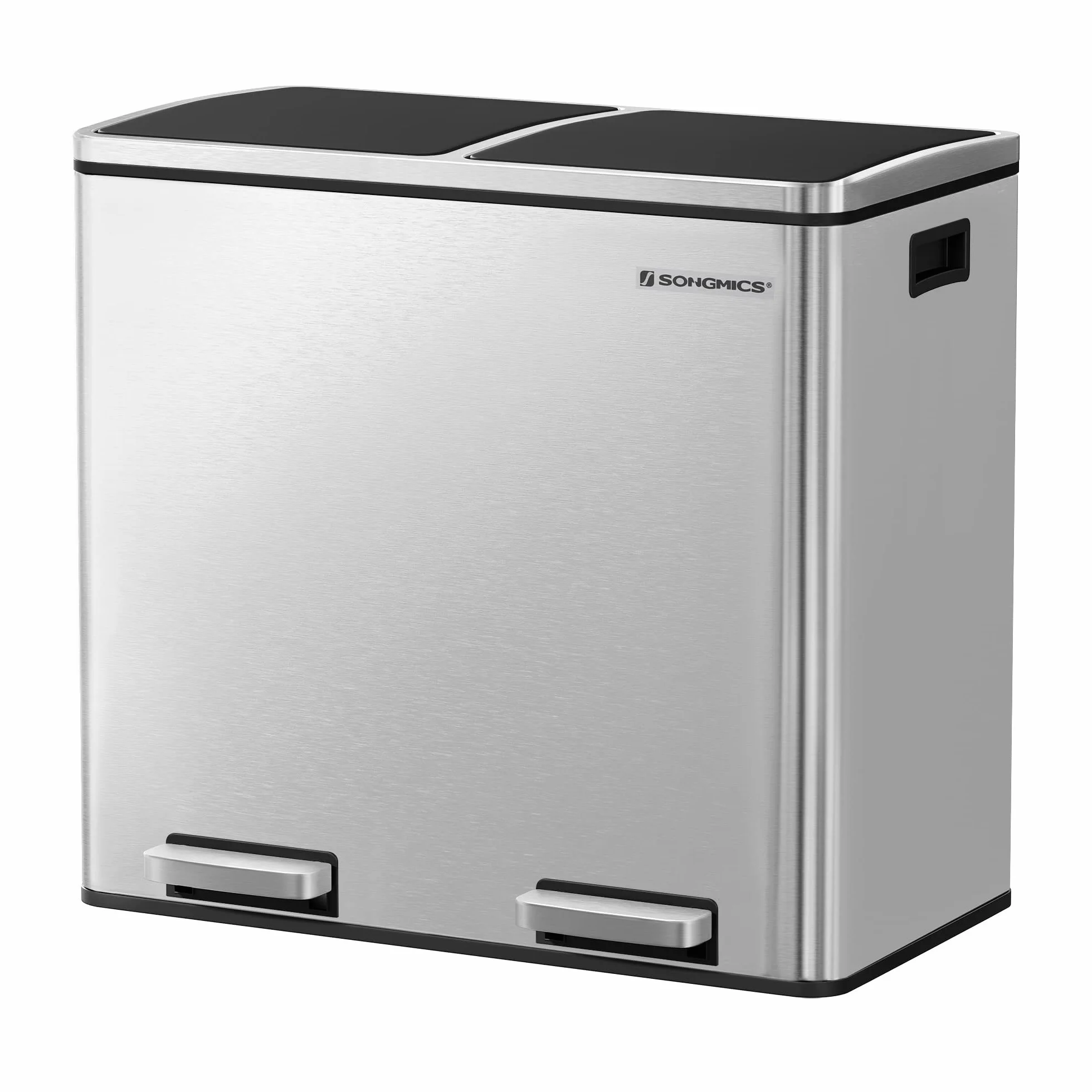 SONGMICS Cubo de basura, sistema de separación de residuos con 2 compartimentos, cubo de basura para cocina, 2 x 24 L, cierre suave, con pedales y asas, color plateado LTB48NL