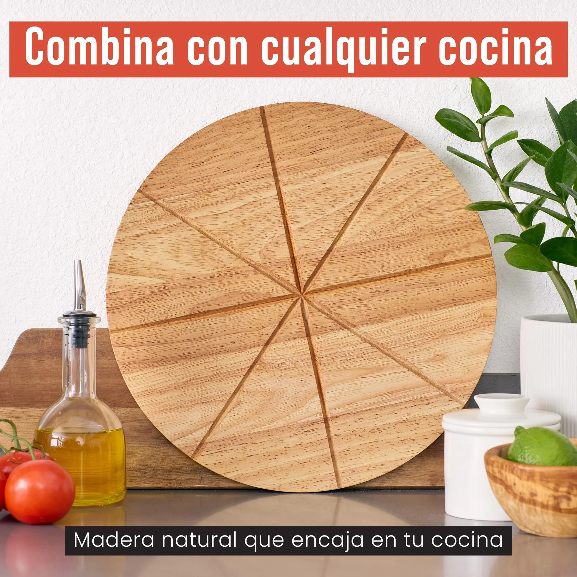 Chef Pomodoro Cortador de Pizza 14" Cuchilla Oscilante Acero Inoxidable Tabla Madera