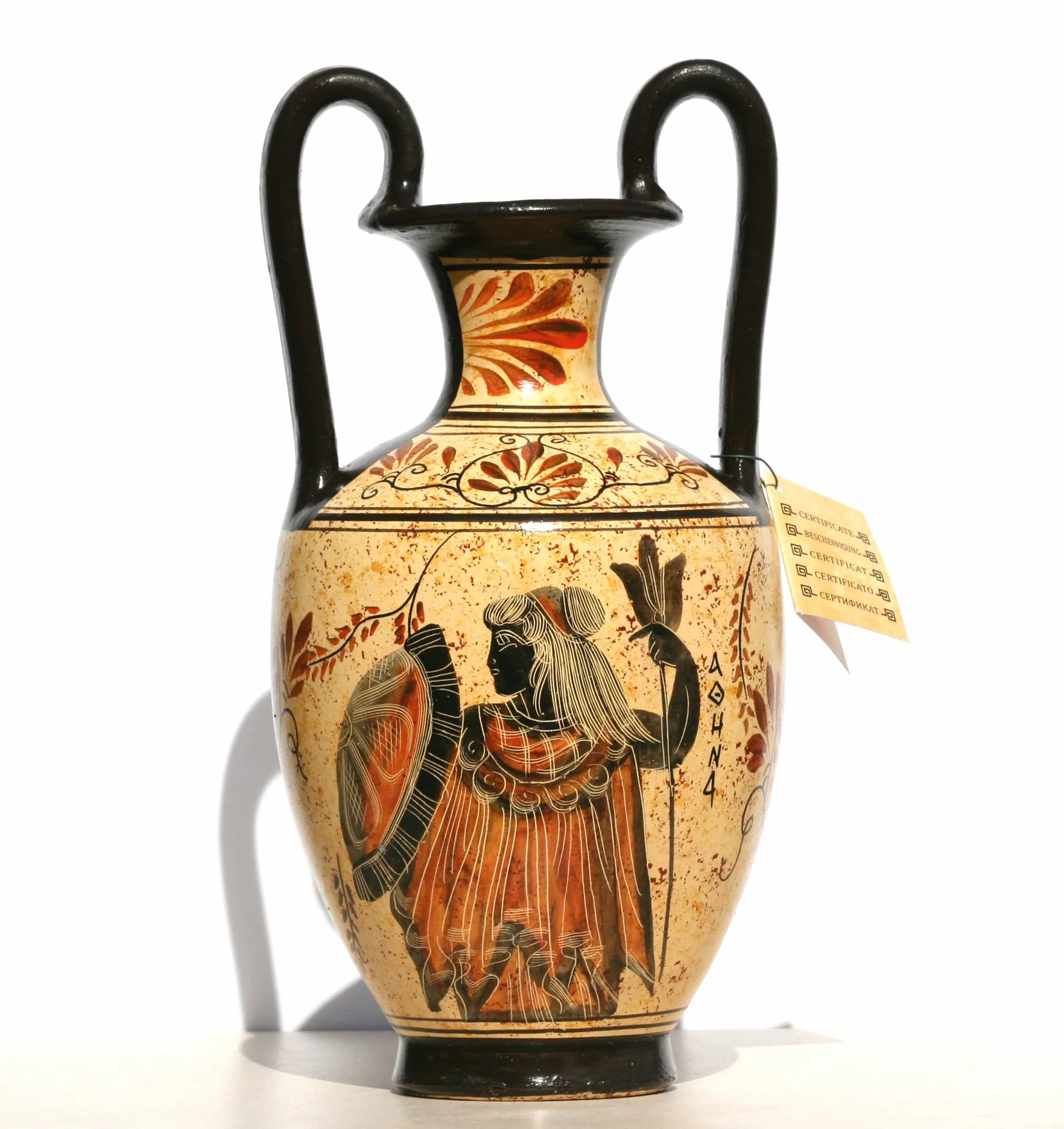 Jarrón de cerámica griega para ánfora, pintura de diosa Atenea, Dios Zeus