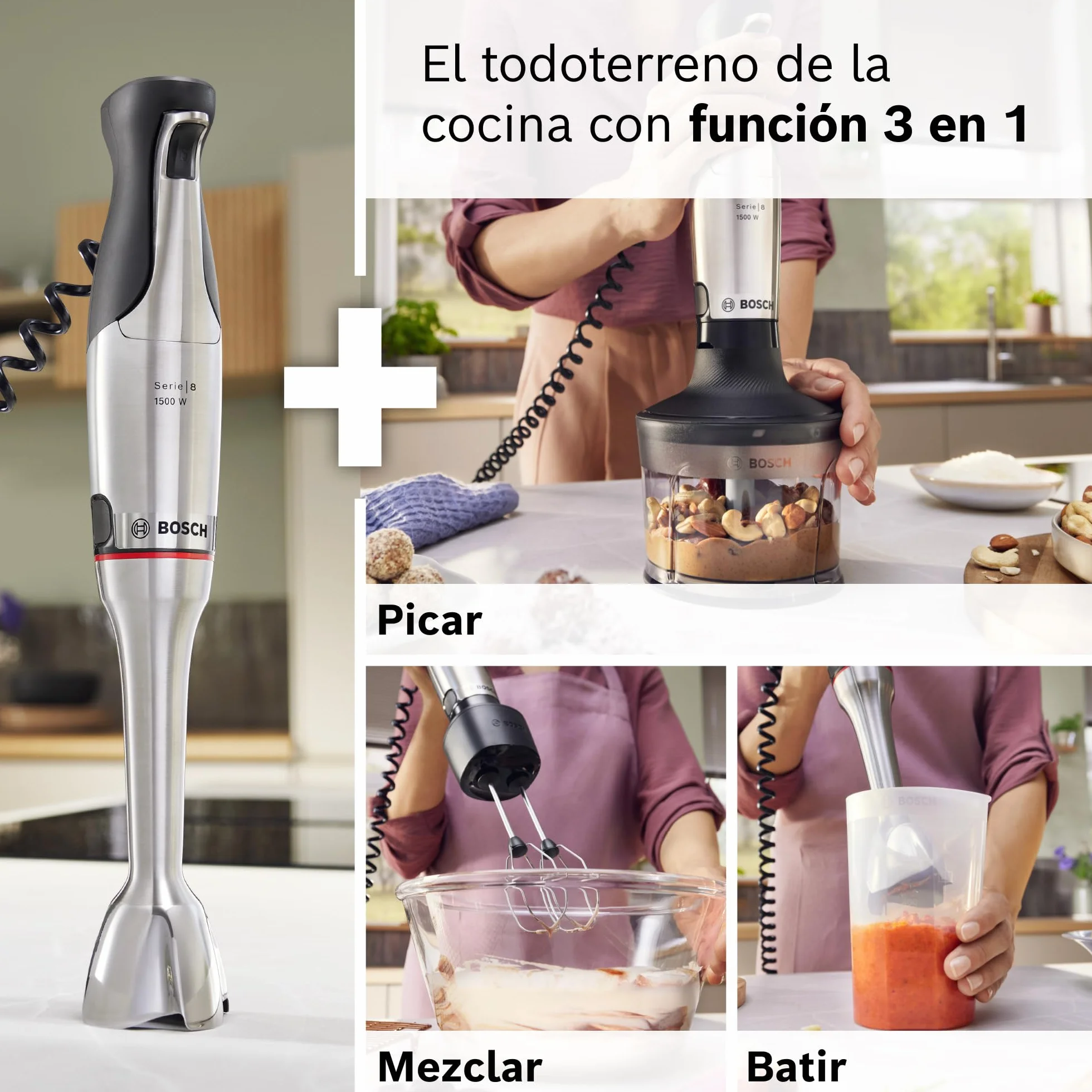 Bosch - Batidora de mano, serie ErgoMaster 8, motor de 1500 vatios, ajuste intuitivo de la velocidad, cuchilla de 6 hojas, accesorios incluidos, acero inoxidable, MSM8M934
