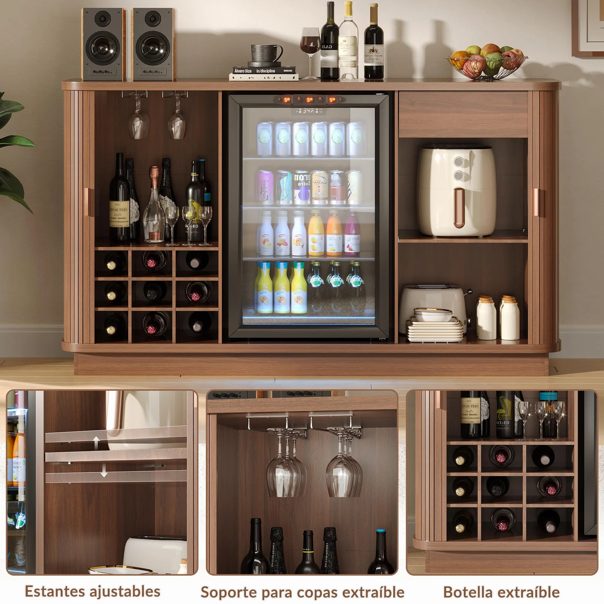 Aparador buffet estriado de 130 cm de largo, mueble bar de café con espacio para refrigerador,mueble bar de vinos retro con puertas enrollables,estantes ajustables y botellero para cocina y comedor