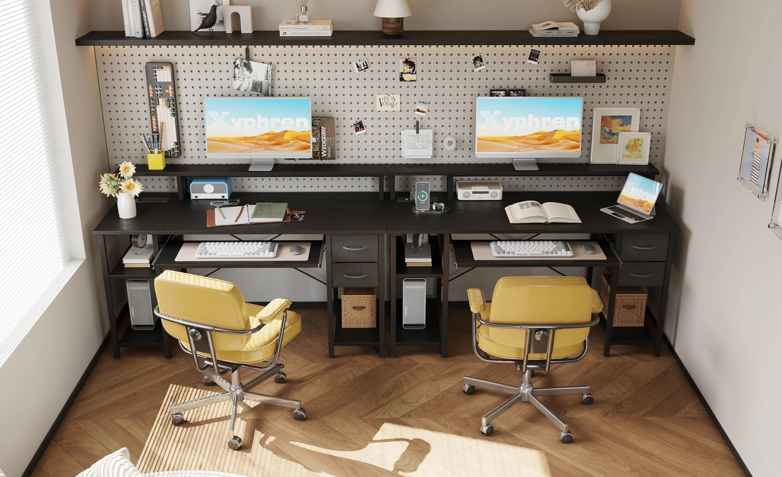 Escritorio con 2 cajones, 140 * 50cm Estante Lateral Ajustable en Altura, Soporte Monitor, Enchufe y Bandeja Teclado, Escritorio Gaming para Home Office, Oficina y salón, Negro