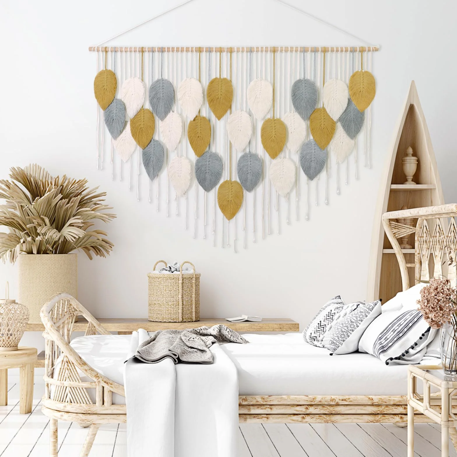 Weldomcor Macramé Tapiz Grande Tejido Tapiz Boho Macramé Hoja Decoración de Pared Pluma Chic Arte Tejido Para Dormitorio, Decoración de Salón, 130 cm Amarillo