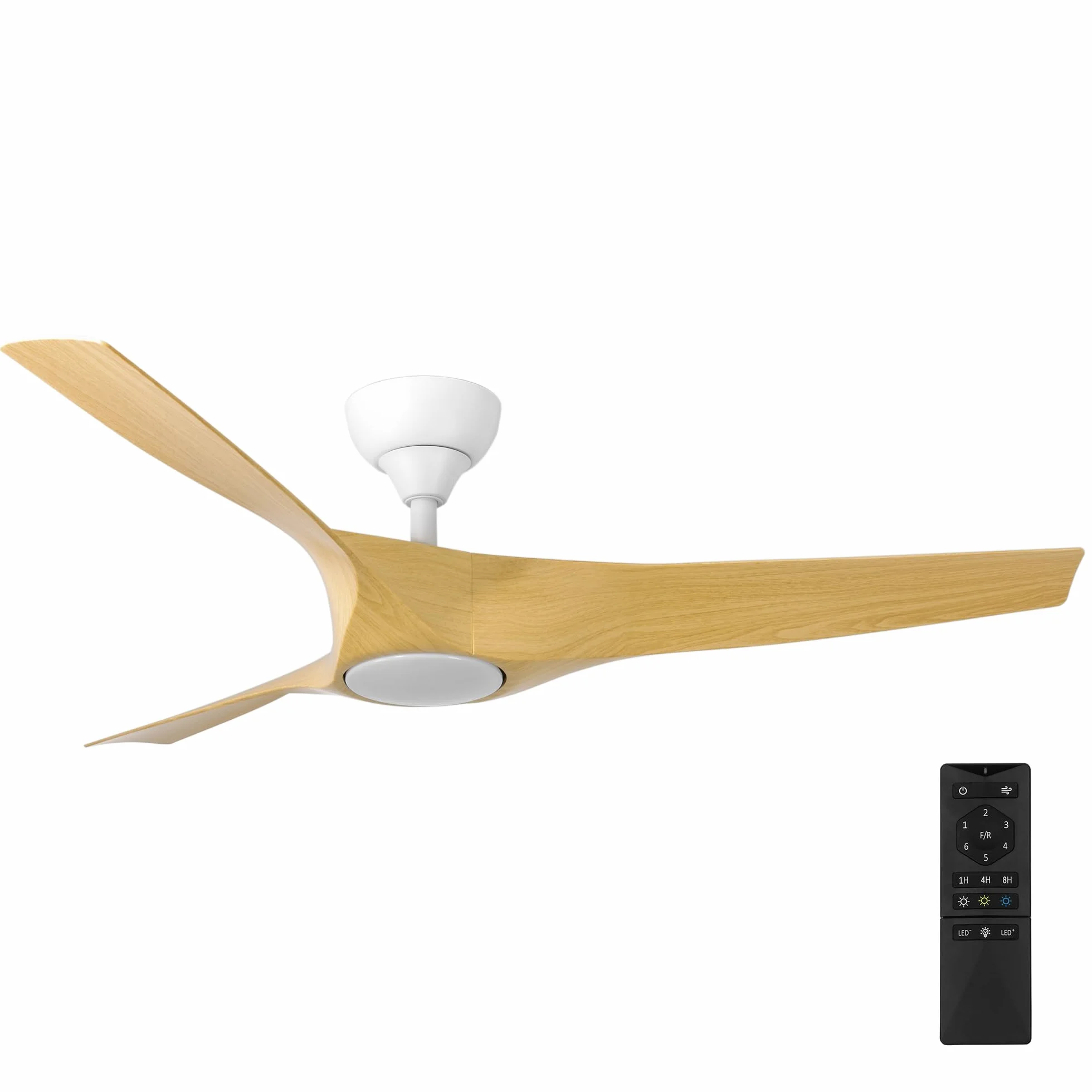 Nevaly Ventilador Techo Blanco/ABS Efecto Madera. Luz Led 24W Neutra/Cálida/Extra Cálida. Motor DC. 3 Aspas Ø132cm. Verano/Invierno. 6 Velocidades. Control Remoto Temporizador. Silencioso.