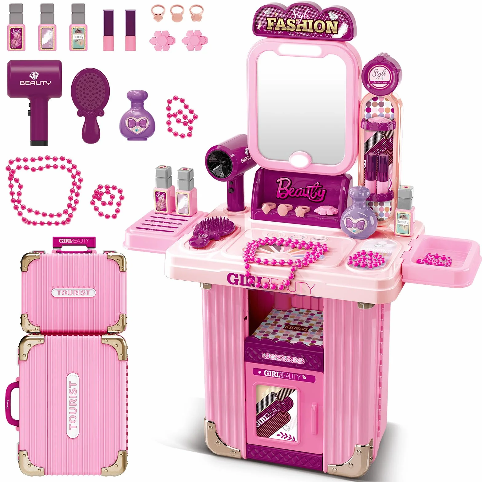 deAO Tocador de Maquillaje Niña Princesa con Maletín, Juegos Infantiles 3-12 años