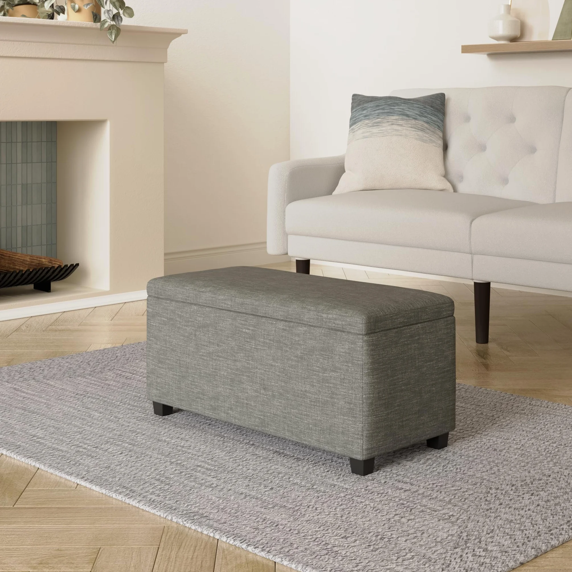 Amazon Basics Banco rectangular acolchado para entrada con almacenamiento, para dormitorio, pasillo, otomana, aspecto de lino, gris oscuro, 42 x 91 x 43 cm