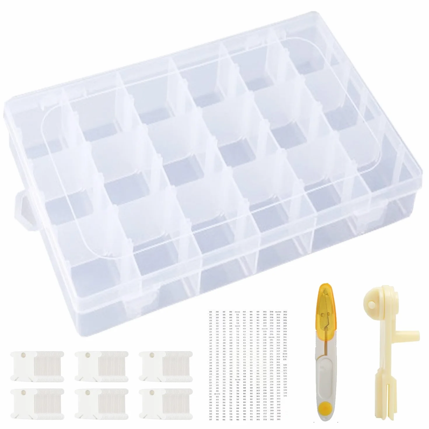 Organizador de hilo de bordado, caja de almacenamiento de hilo de punto de cruz, herramientas con 120 bobinas de hilo dental, bobinadora, tijeras y calcomanías de color, caja de