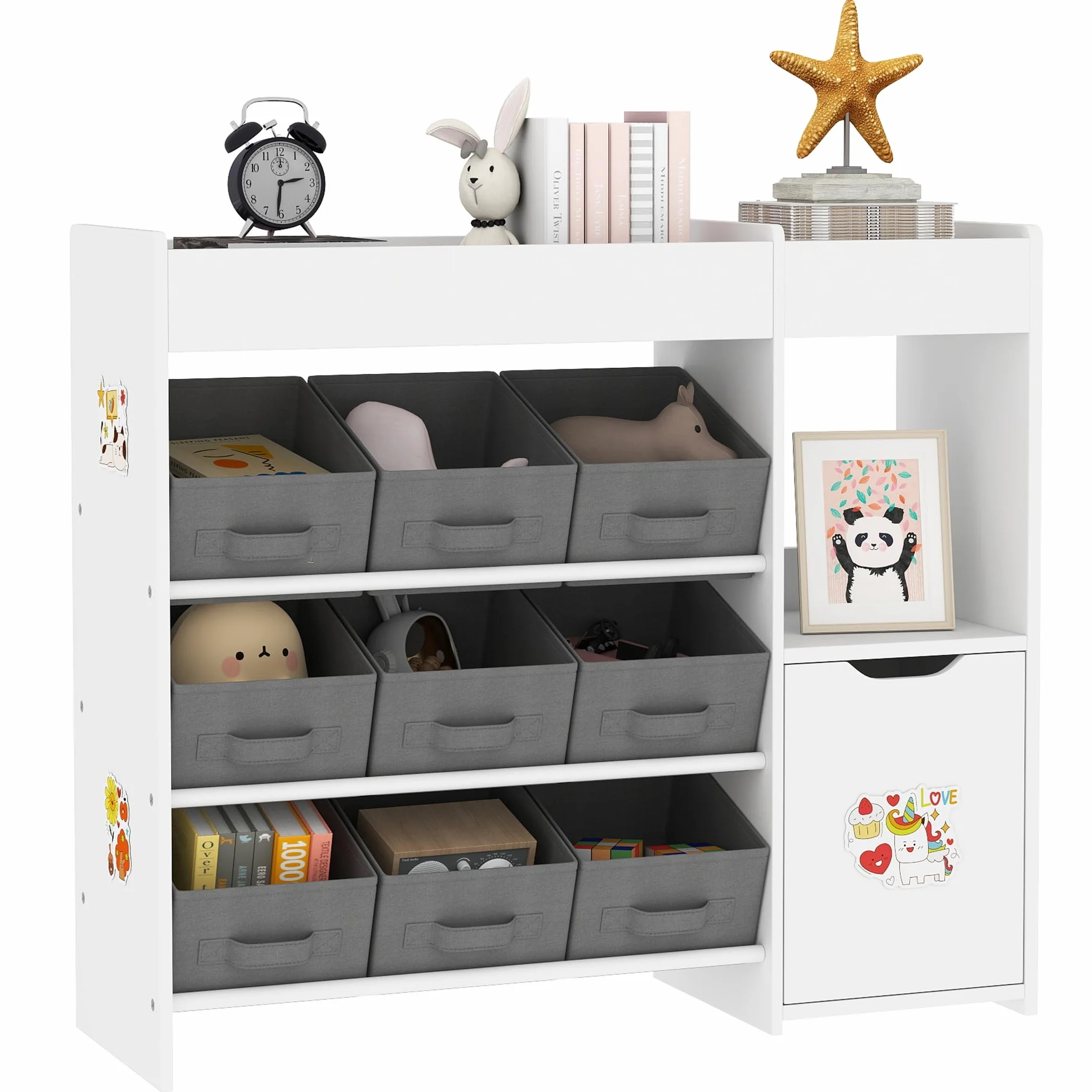 AIYAPLAY Estantería para Juguetes para Niños Organizador Infantil Montessori con 9 Cestas Extraíbles Compartimentos y Láminas de Pegatinas para Guardería Sala de Juegos 92x30x80 cm Blanco