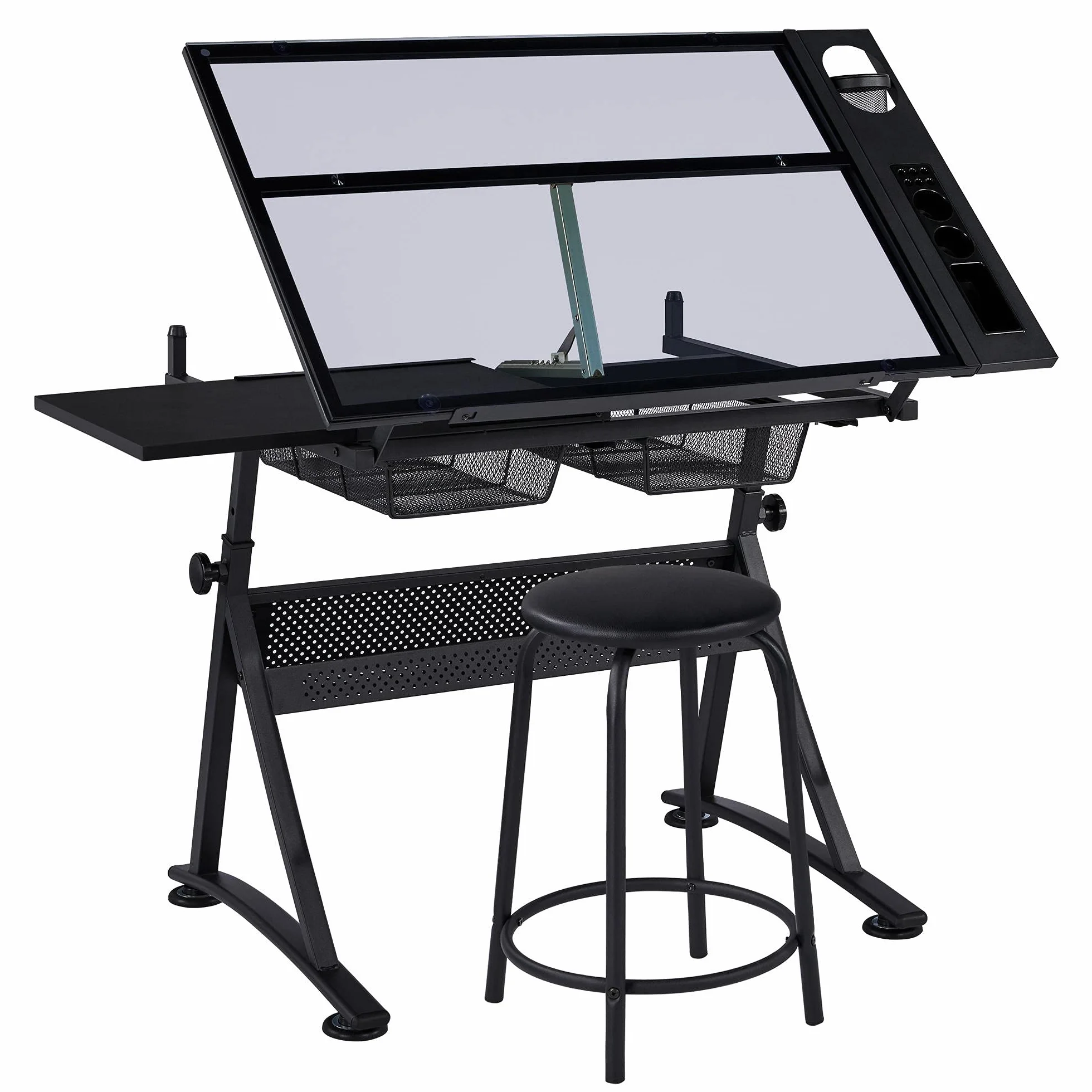 Yaheetech Mesa de Dibujo Reclinable con Taburete Mesa Inclinable Altura Ajustable con Bandeja de Cristal y 2 Cajones para Casa, Oficina, Escuela 141 × 60 × 91 cm