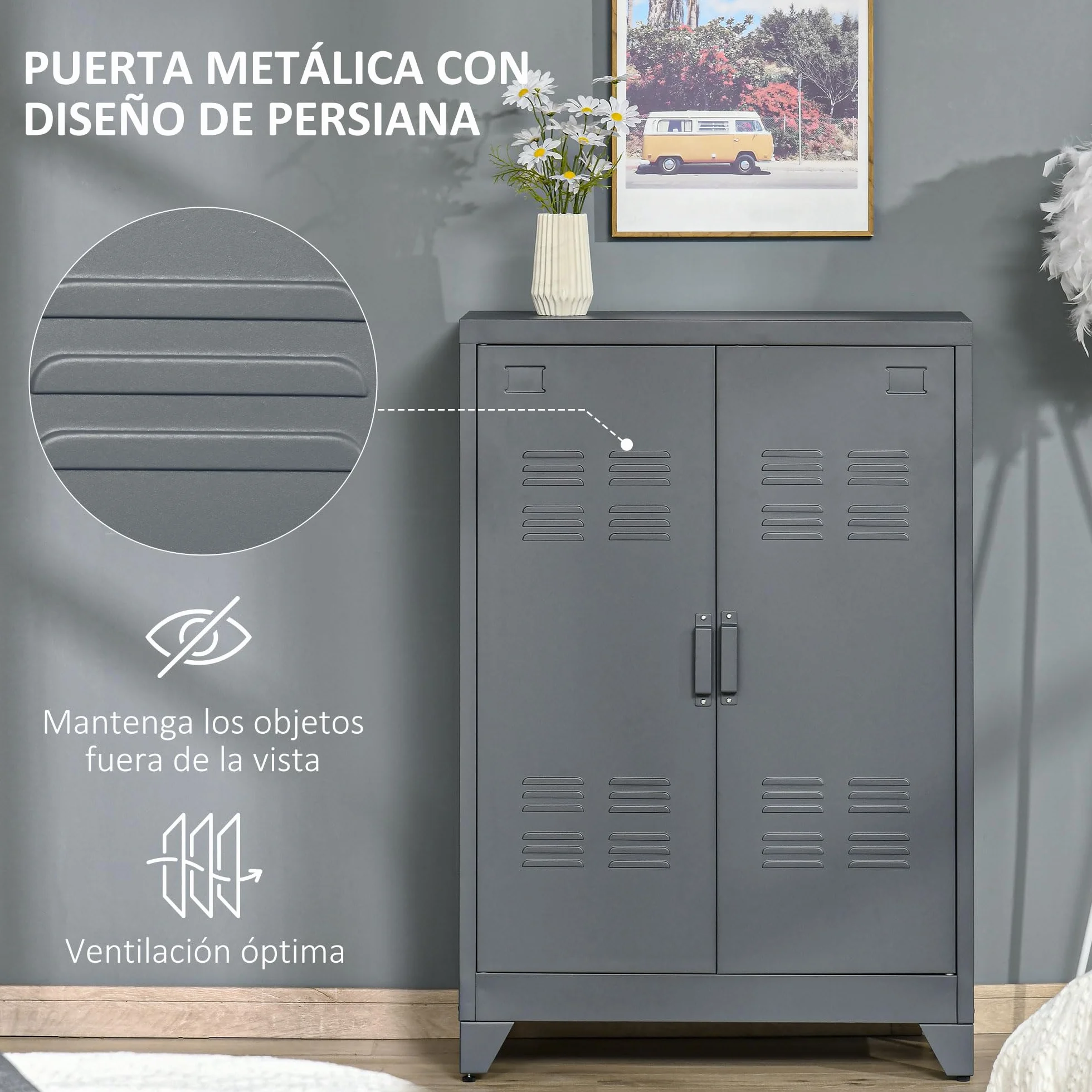 HOMCOM Armario de Almacenamiento Aparador de Metal con Doble Puerta Cierre Magnético y 2 Estantes Ajustables para Oficina Salón Dormitorio 75x33x110 cm Gris